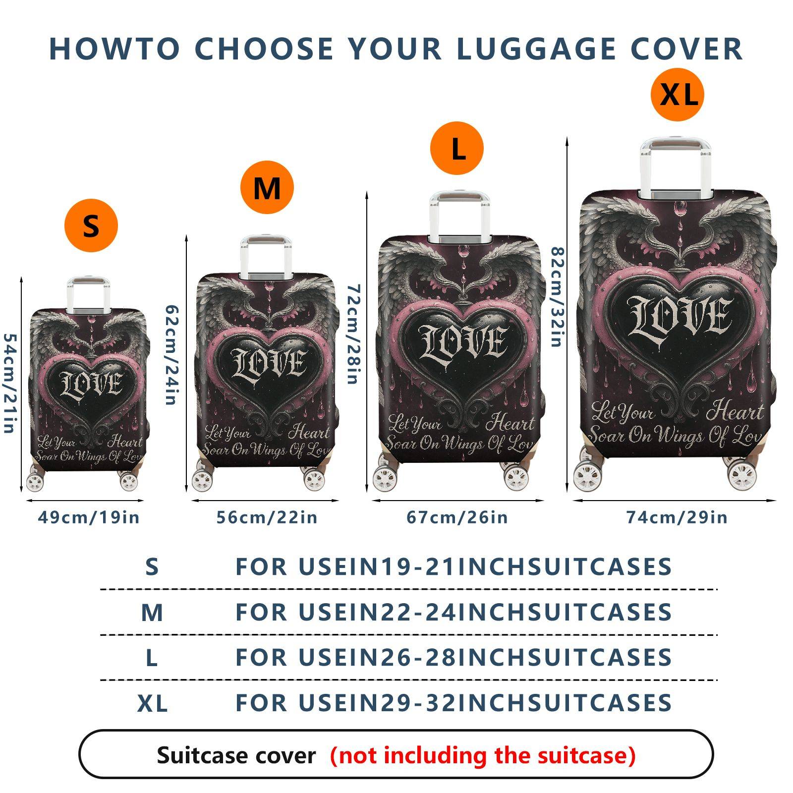 1-Piece Love Heart Wings Gothic Romantic Artistic  Suitcase Luggage Cover, Stretch Protective Sleeve