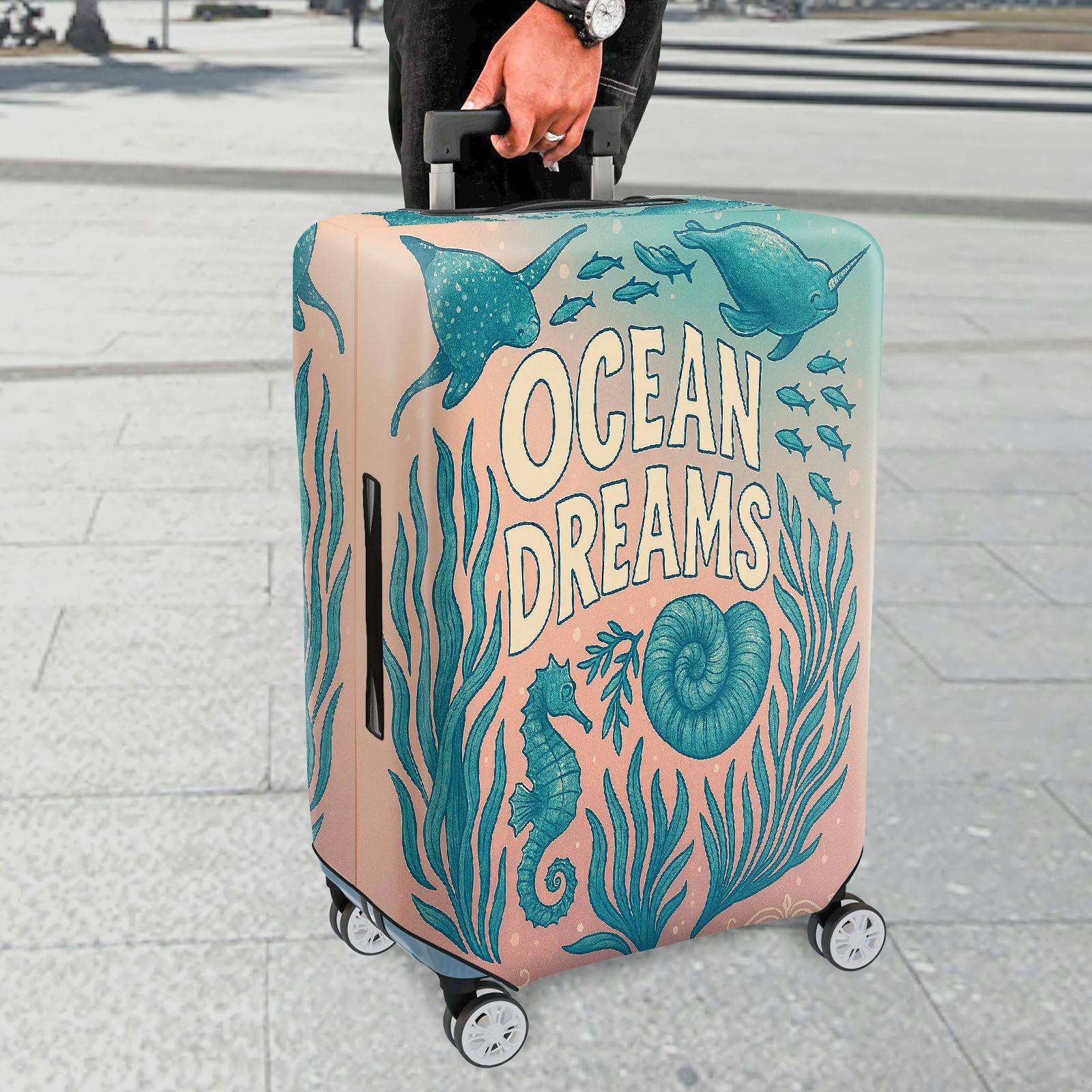 1-Piece Ocean Dreams Seahorse Conch Seaweed Marine  Suitcase Luggage Cover, Stretch Protective Sleeve