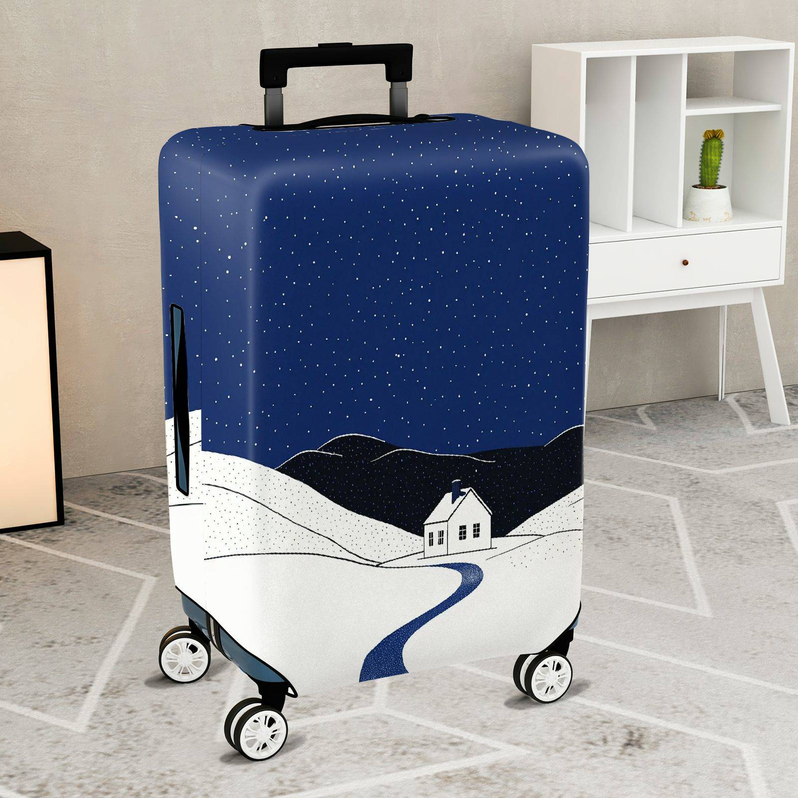 1-Piece Snowy Night Winter Holiday House Scenic Blue  Suitcase Luggage Cover, Stretch Protective Sleeve