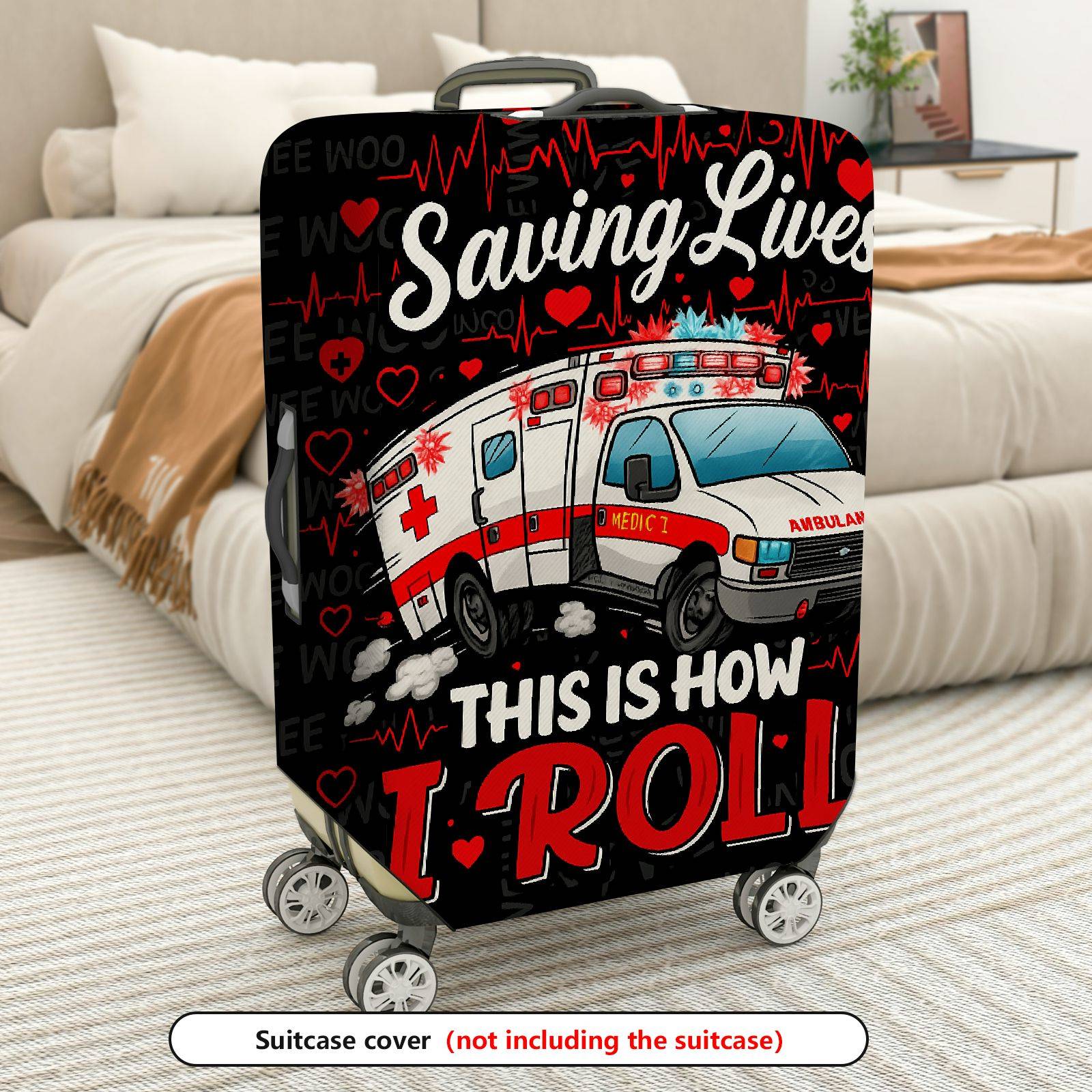 1-Piece Ambulance Saving Lives Heart EKG Emergency Red  Suitcase Luggage Cover, Stretch Protective Sleeve