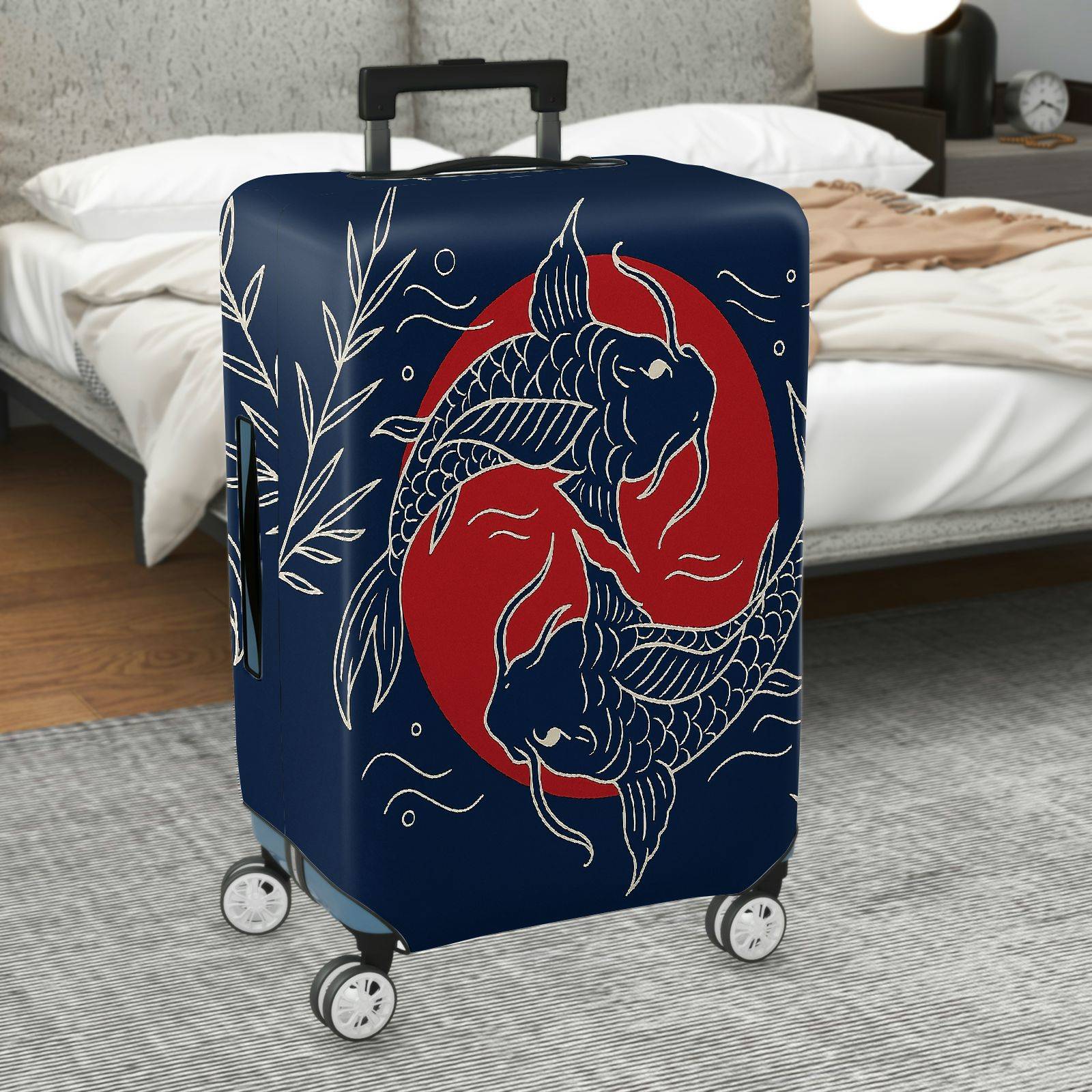 1-Piece Fish Red Blue Japanese Art Minimalistic Leaf  Suitcase Luggage Cover, Stretch Protective Sleeve
