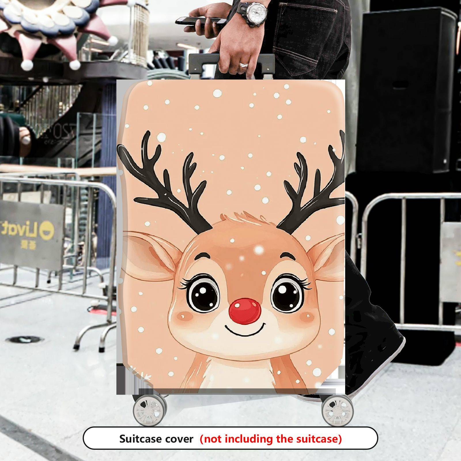 1-Piece Cute Festive Reindeer Snow  Holiday  Suitcase Luggage Cover, Stretch Protective Sleeve