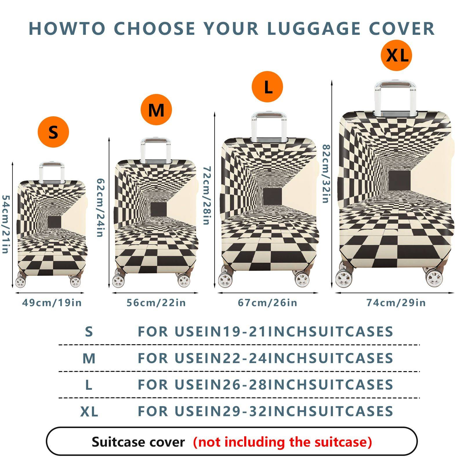 1-Piece Geometric Optical Illusion Black White Checkerboard Abstract  Suitcase Luggage Cover, Stretch Protective Sleeve