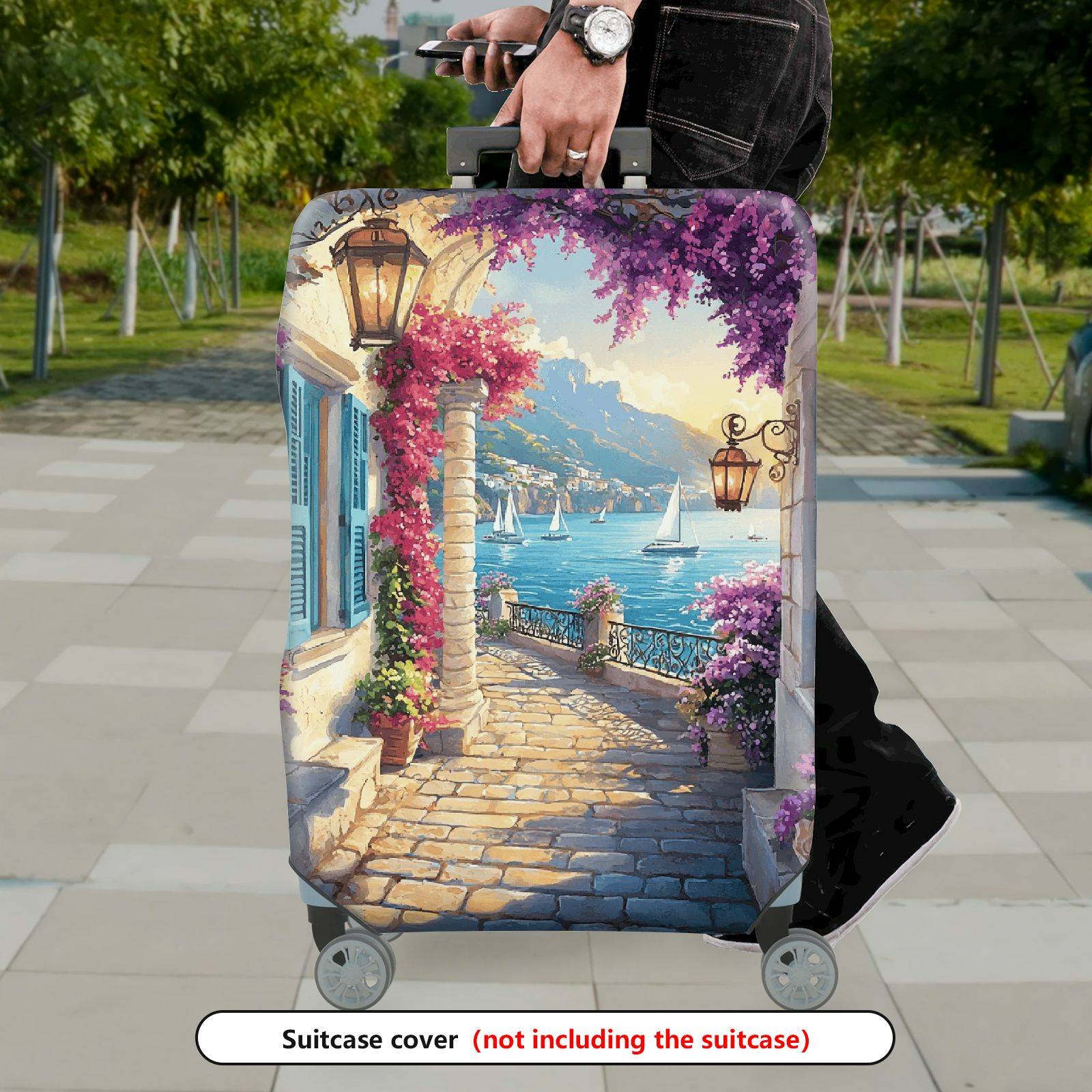 1-Piece Mediterranean Coastal Floral Landscape Sailboats Lantern  Suitcase Luggage Cover, Stretch Protective Sleeve