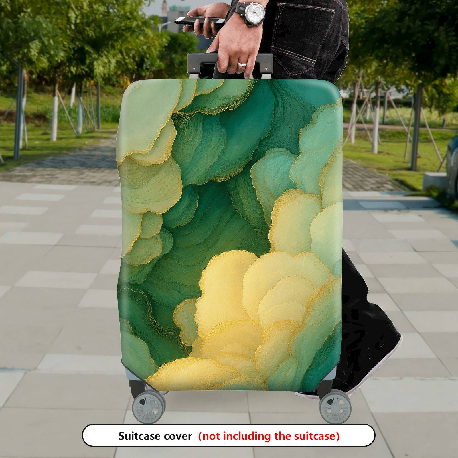 1-Piece Abstract Green Yellow Soft Wave Artistic  Suitcase Luggage Cover, Stretch Protective Sleeve