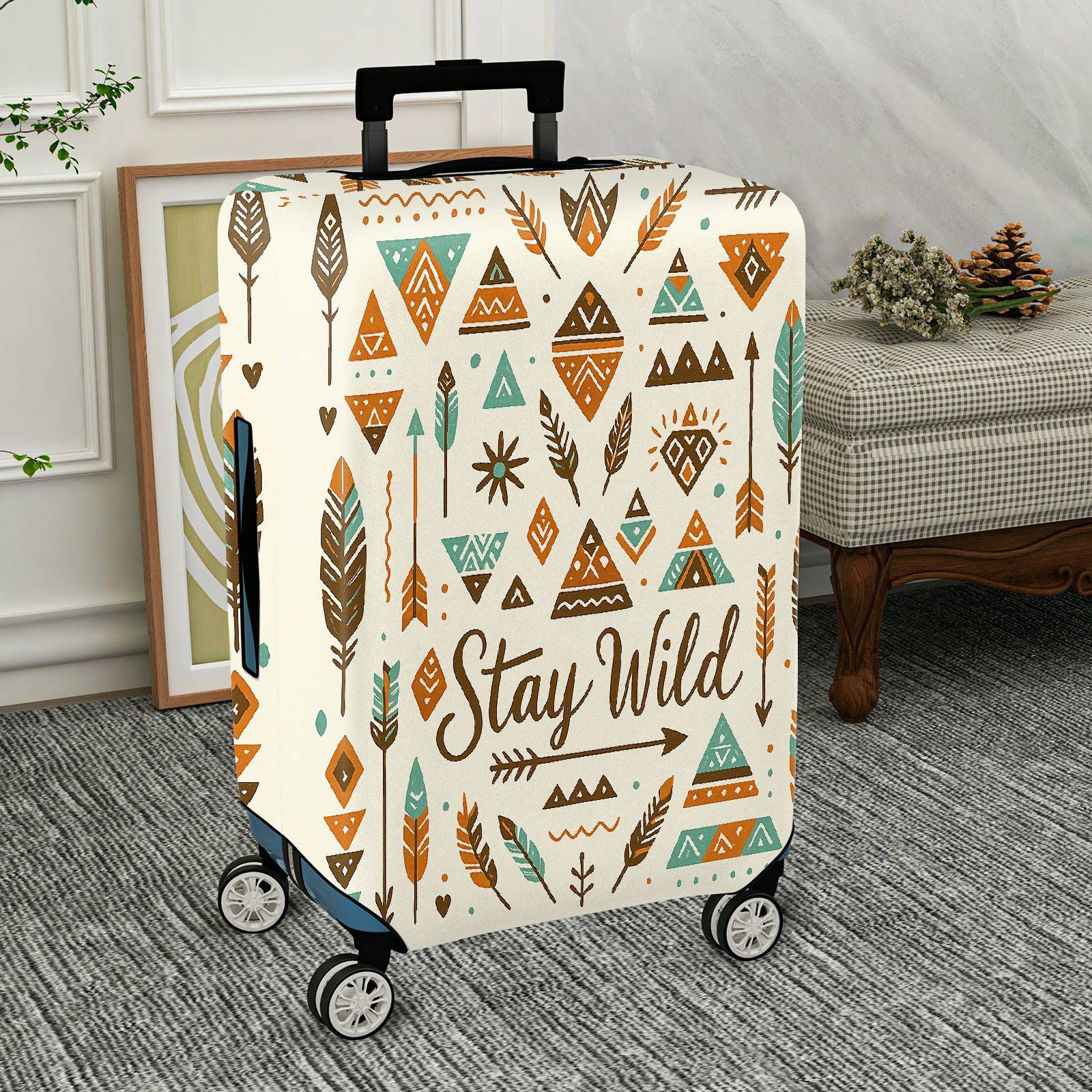 1-Piece Geometric Tribal Feather Arrows Bohemian Adventure  Suitcase Luggage Cover, Stretch Protective Sleeve
