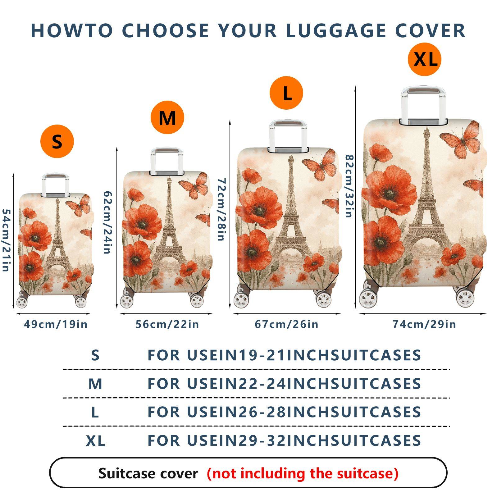 1-Piece Paris Flower Butterfly Eiffel Tower Artistic Romantic  Suitcase Luggage Cover, Stretch Protective Sleeve