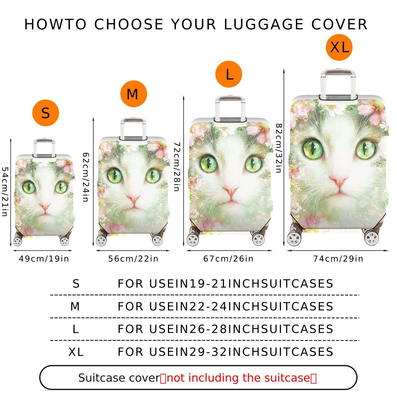 1-Piece Cat Floral Green Pink Artistic Colorful  Suitcase Luggage Cover, Stretch Protective Sleeve