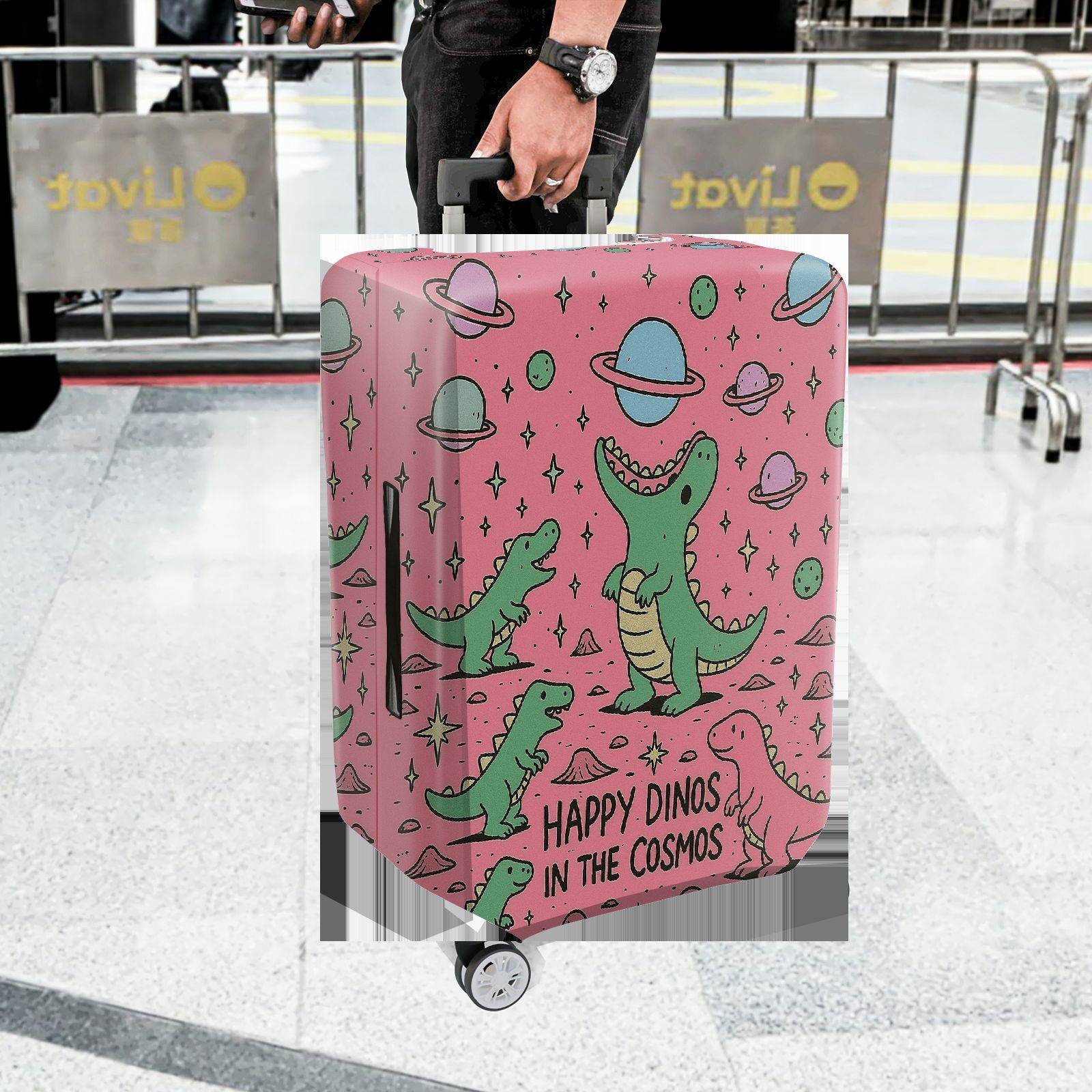 1-Piece Happy Dinosaur Cosmic Pink Fun  Space  Suitcase Luggage Cover, Stretch Protective Sleeve