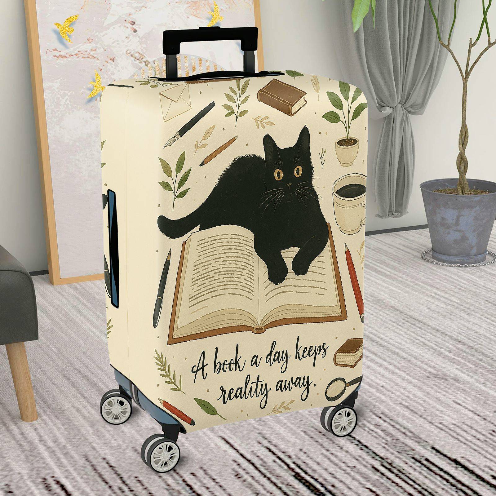 1-Piece Black Cat Book Plant Coffee Pen Artistic Vintage  Suitcase Luggage Cover, Stretch Protective Sleeve