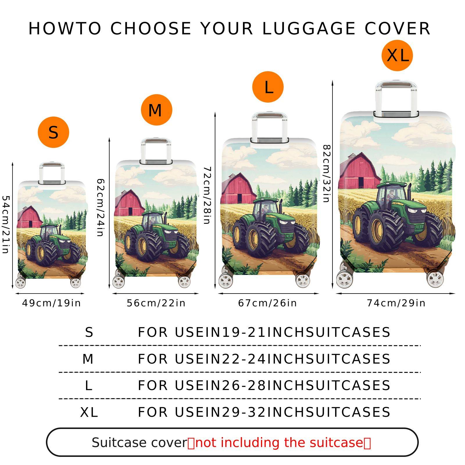1-Piece Farm Tractor Barn Field Countryside Landscape  Suitcase Luggage Cover, Stretch Protective Sleeve