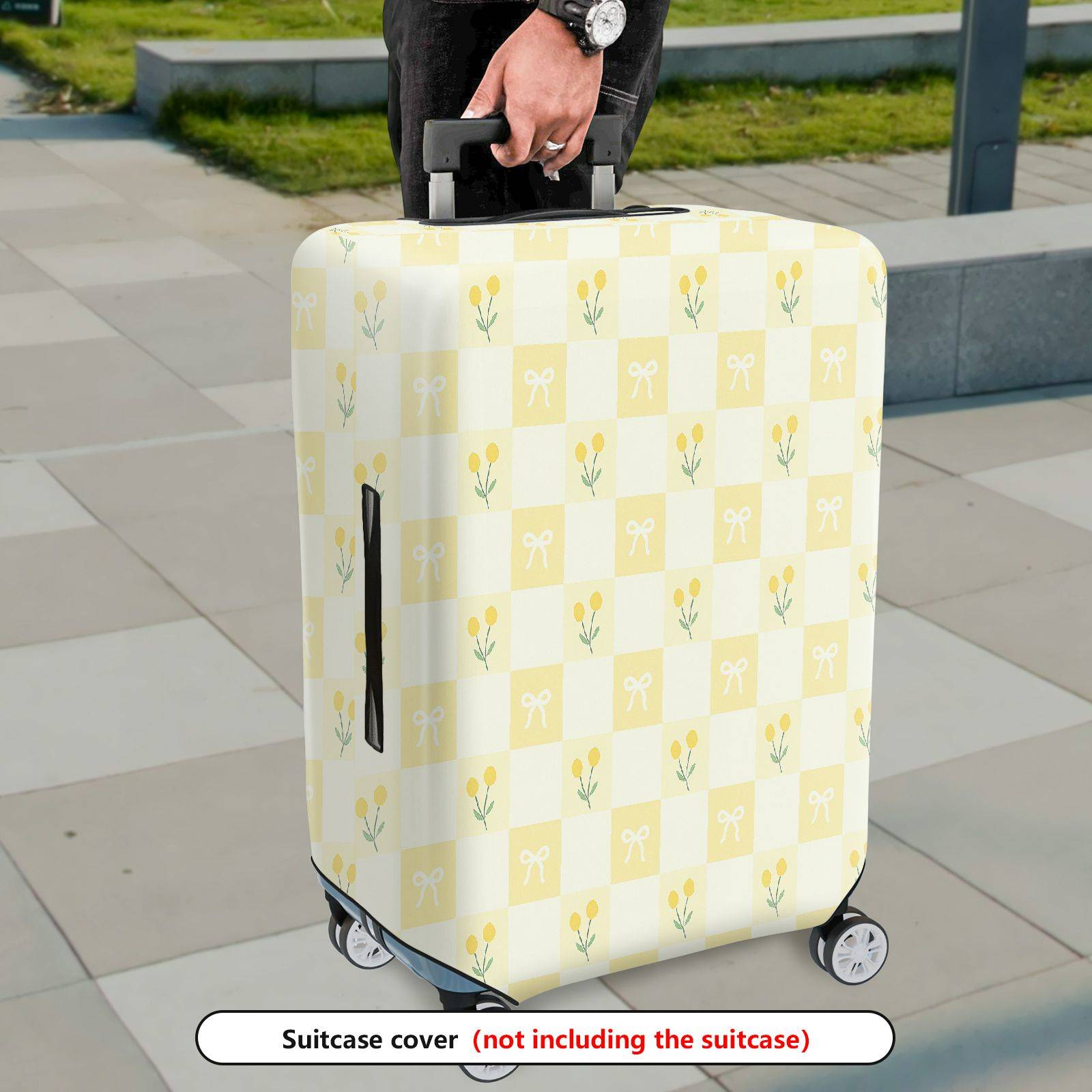 1-Piece Yellow Floral Checkered Bow Spring Pattern  Suitcase Luggage Cover, Stretch Protective Sleeve
