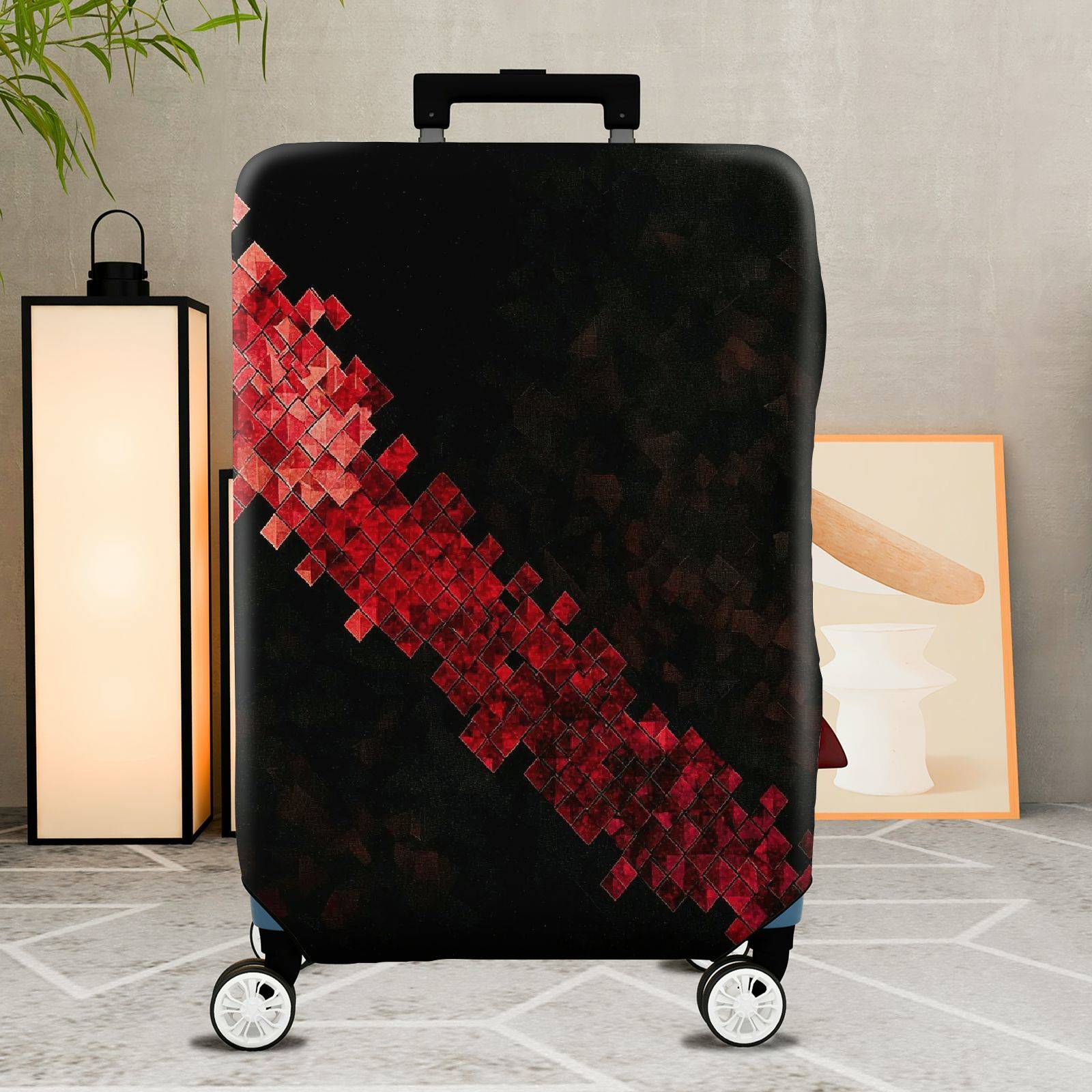 1-Piece Geometric Red Black Abstract Modern Stylish  Suitcase Luggage Cover, Stretch Protective Sleeve