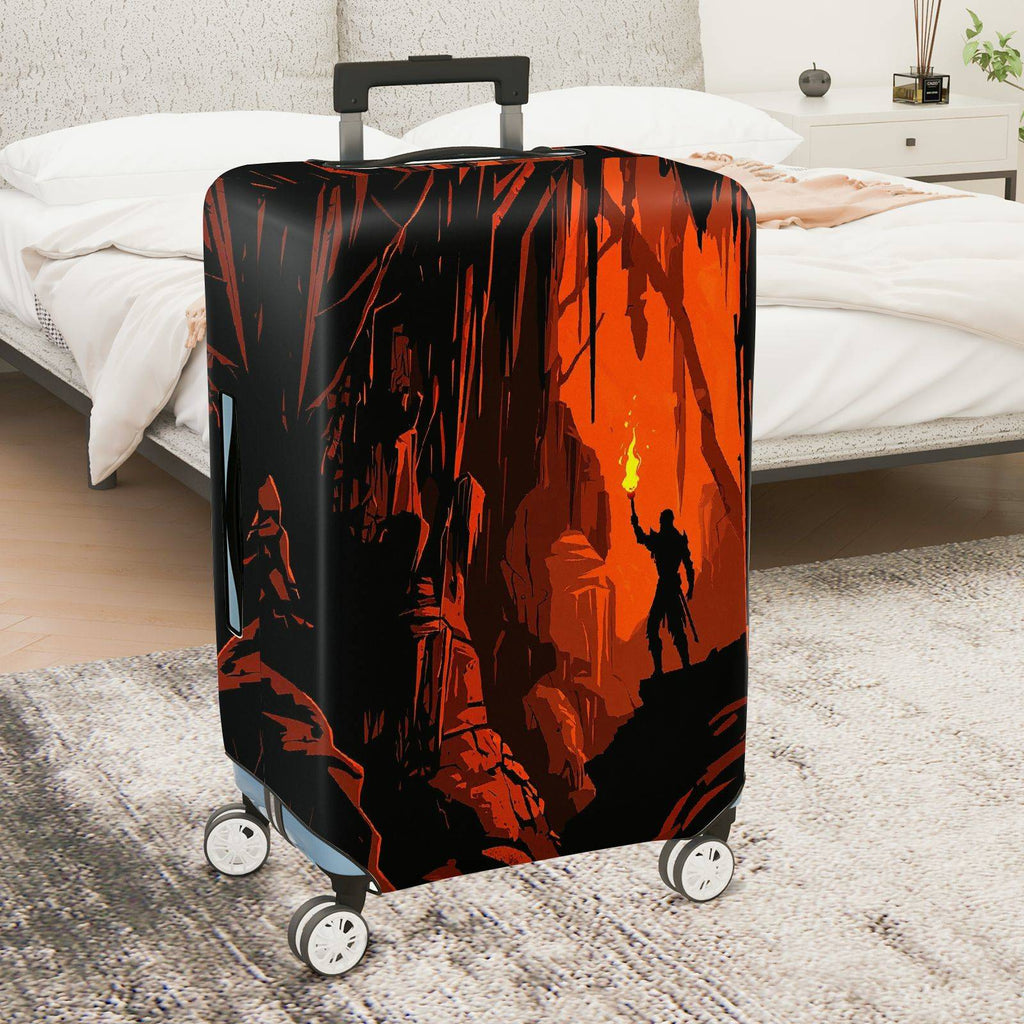 1-Piece Adventure Explorer Silhouette Fire Red Cave  Suitcase Luggage Cover, Stretch Protective Sleeve