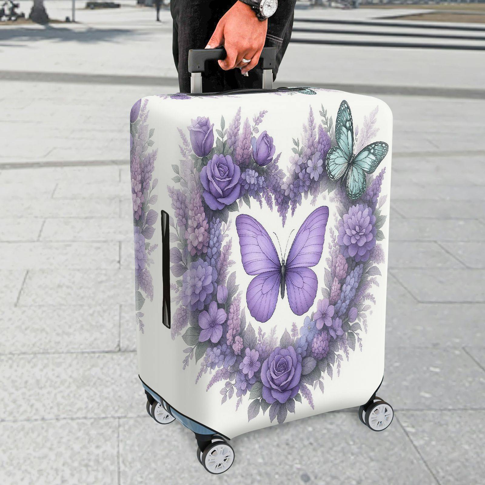 1-Piece Purple Butterfly Floral Rose Lavender Artistic  Suitcase Luggage Cover, Stretch Protective Sleeve