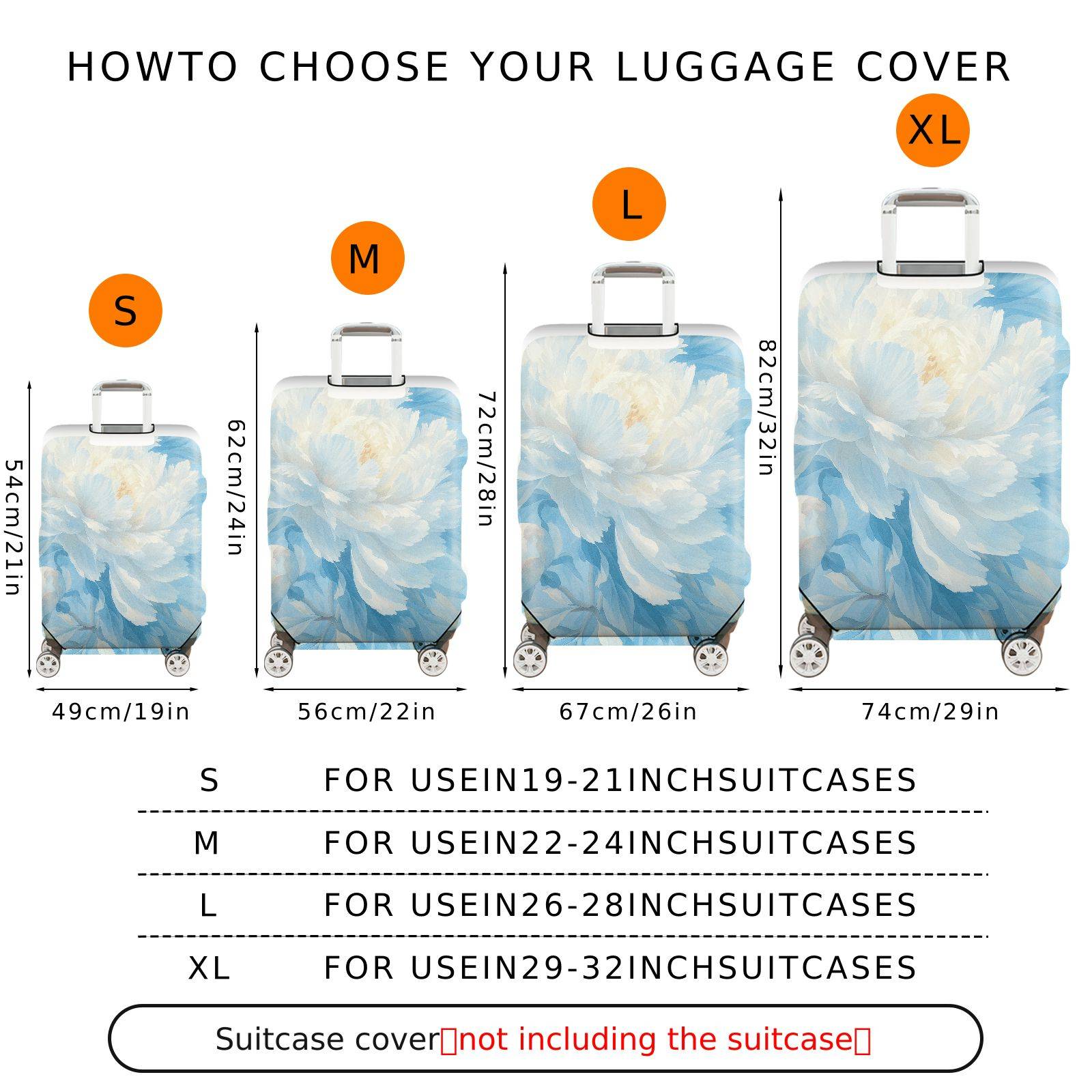 1-Piece Blue Floral Peony Bloom Soft Elegant Vintage Artistic  Suitcase Luggage Cover, Stretch Protective Sleeve
