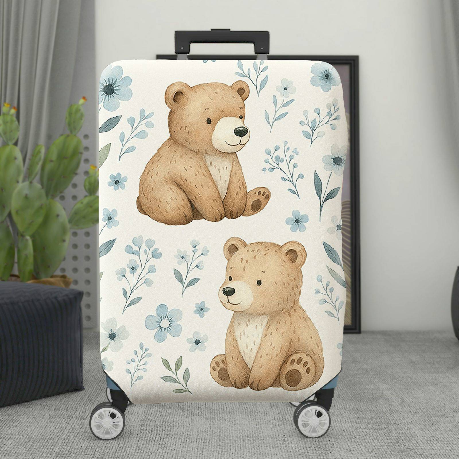 1-Piece Cute Bear Floral Nature Artistic Animal  Suitcase Luggage Cover, Stretch Protective Sleeve