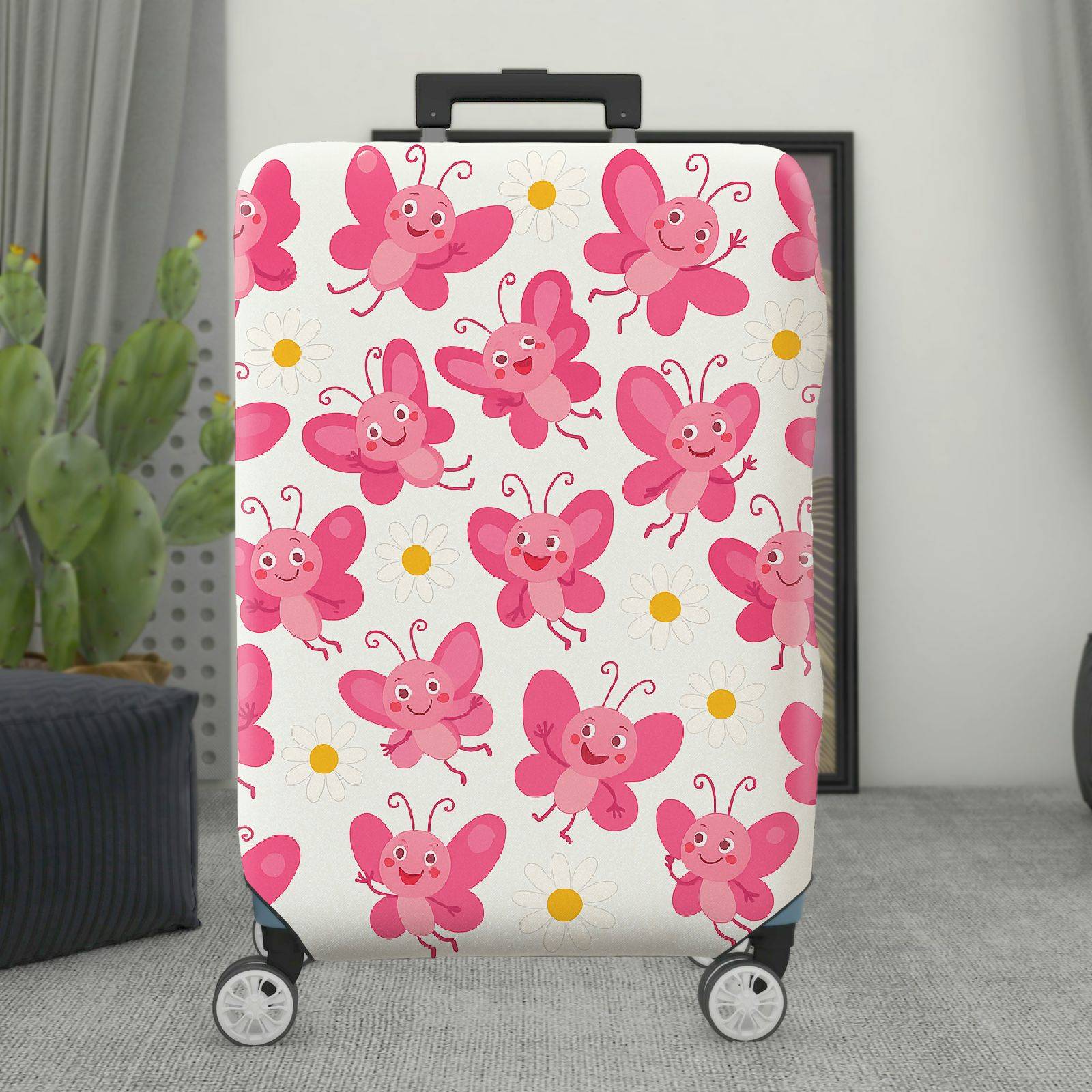 1-Piece Pink Butterfly Flower Travel Luggage  Suitcase Luggage Cover, Stretch Protective Sleeve