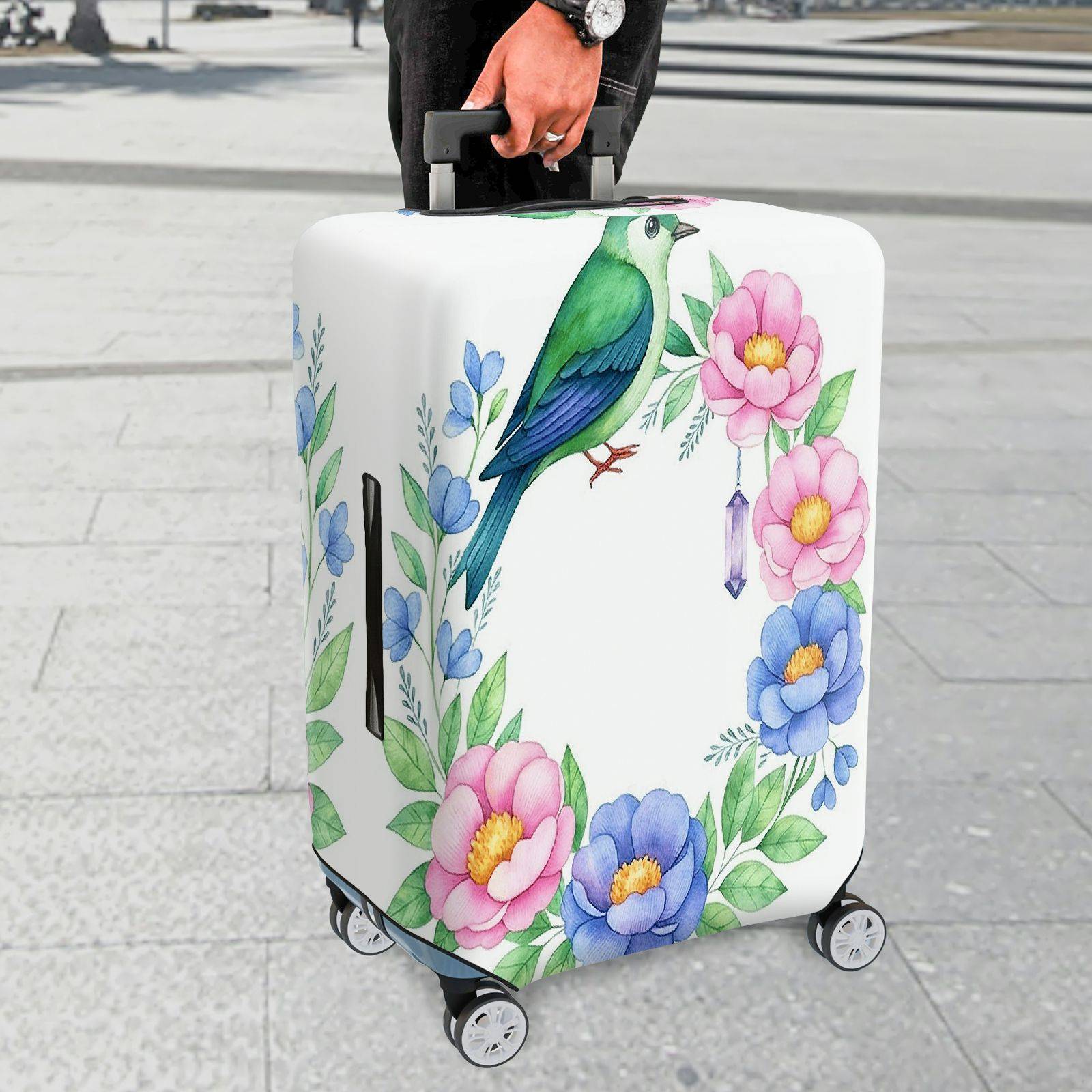 1-Piece Floral Bird Botanical Nature Art Pastel  Suitcase Luggage Cover, Stretch Protective Sleeve