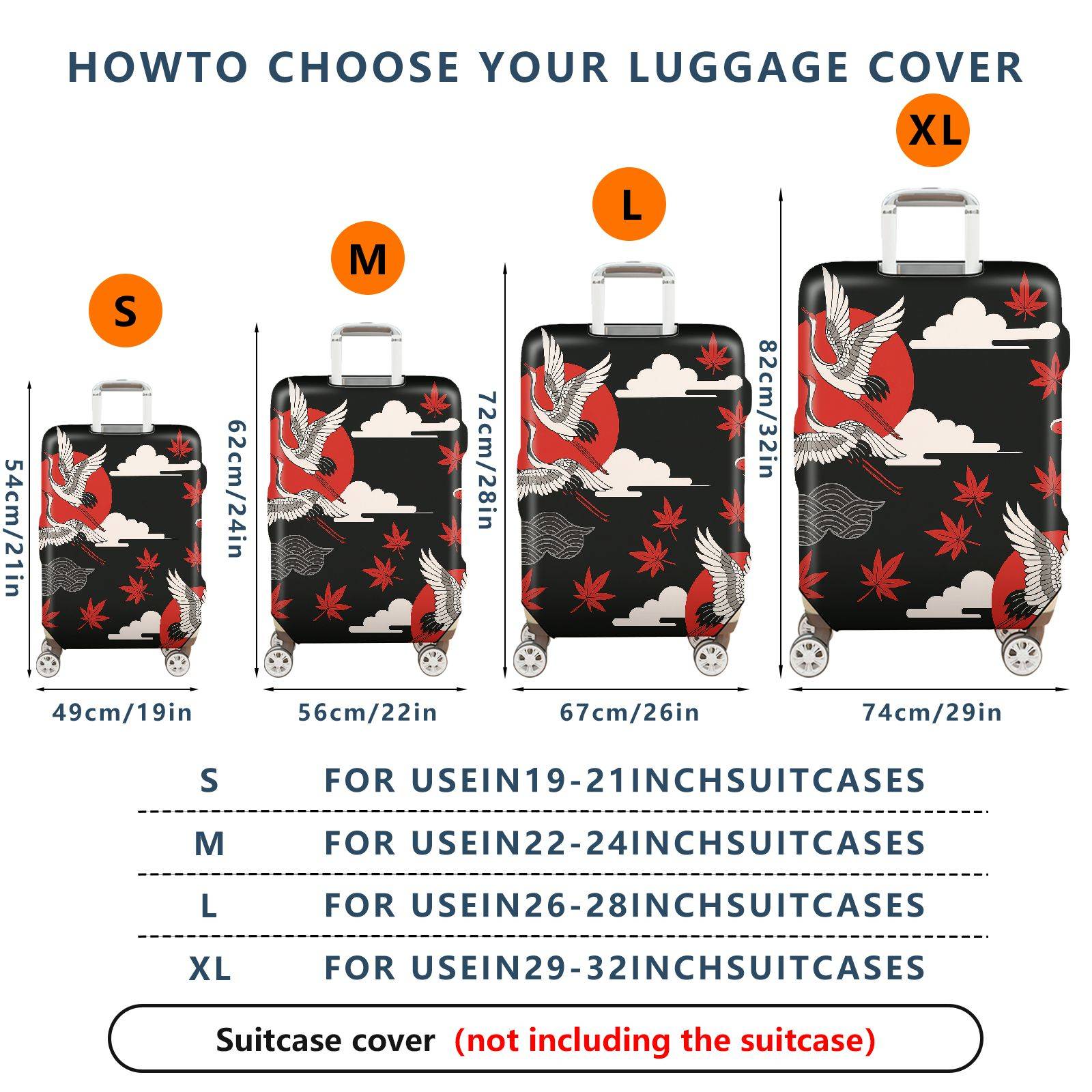 1-Piece Crane Red Sun Cloud Maple Leaves Wave  Suitcase Luggage Cover, Stretch Protective Sleeve