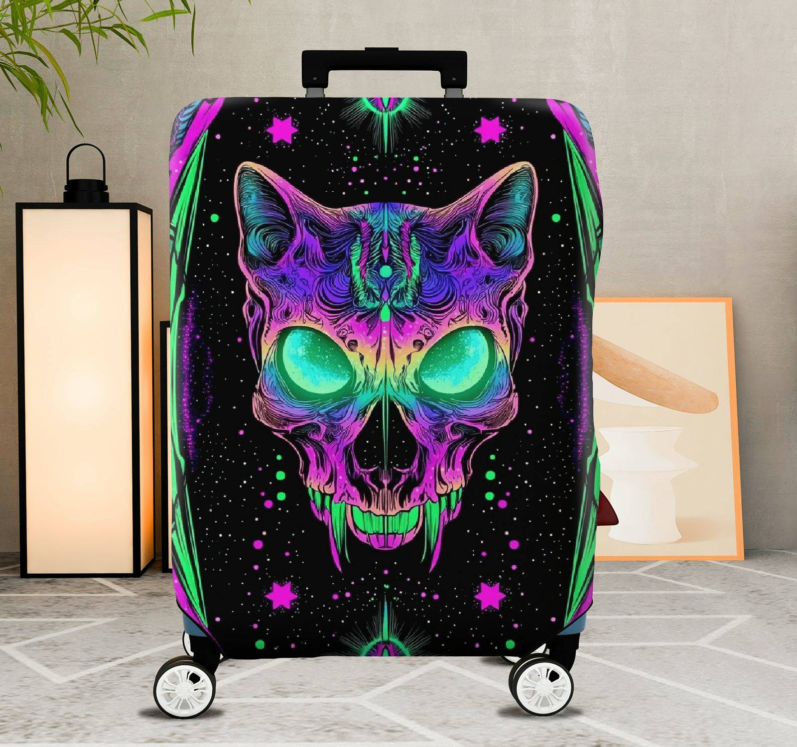 1-Piece Cat Skull Halloween Cosmic Psychedelic Unique  Suitcase Luggage Cover, Stretch Protective Sleeve