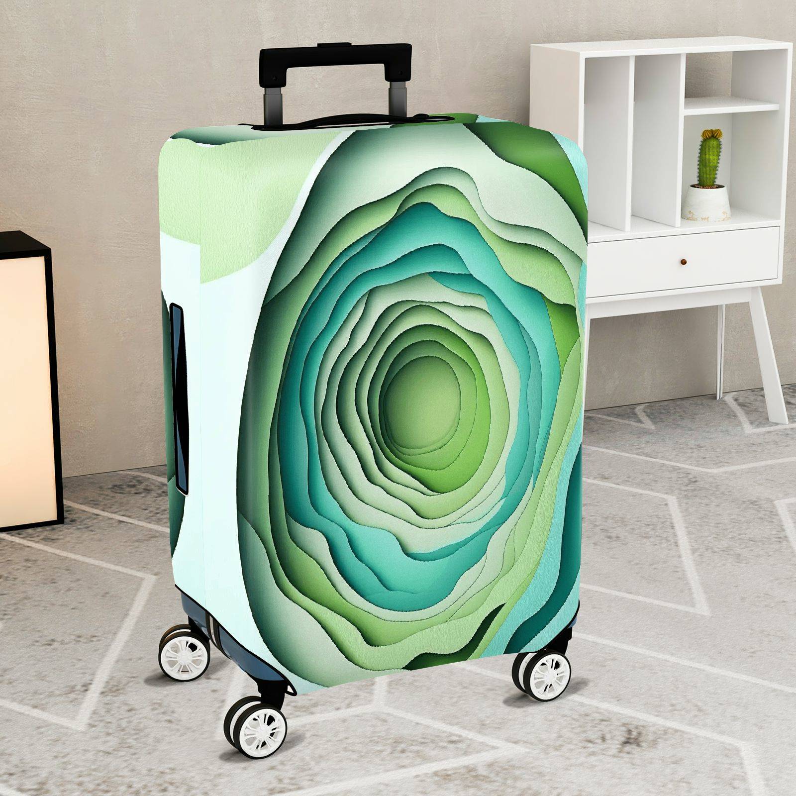1-Piece Abstract Layered Pattern Green Blue Artistic  Suitcase Luggage Cover, Stretch Protective Sleeve