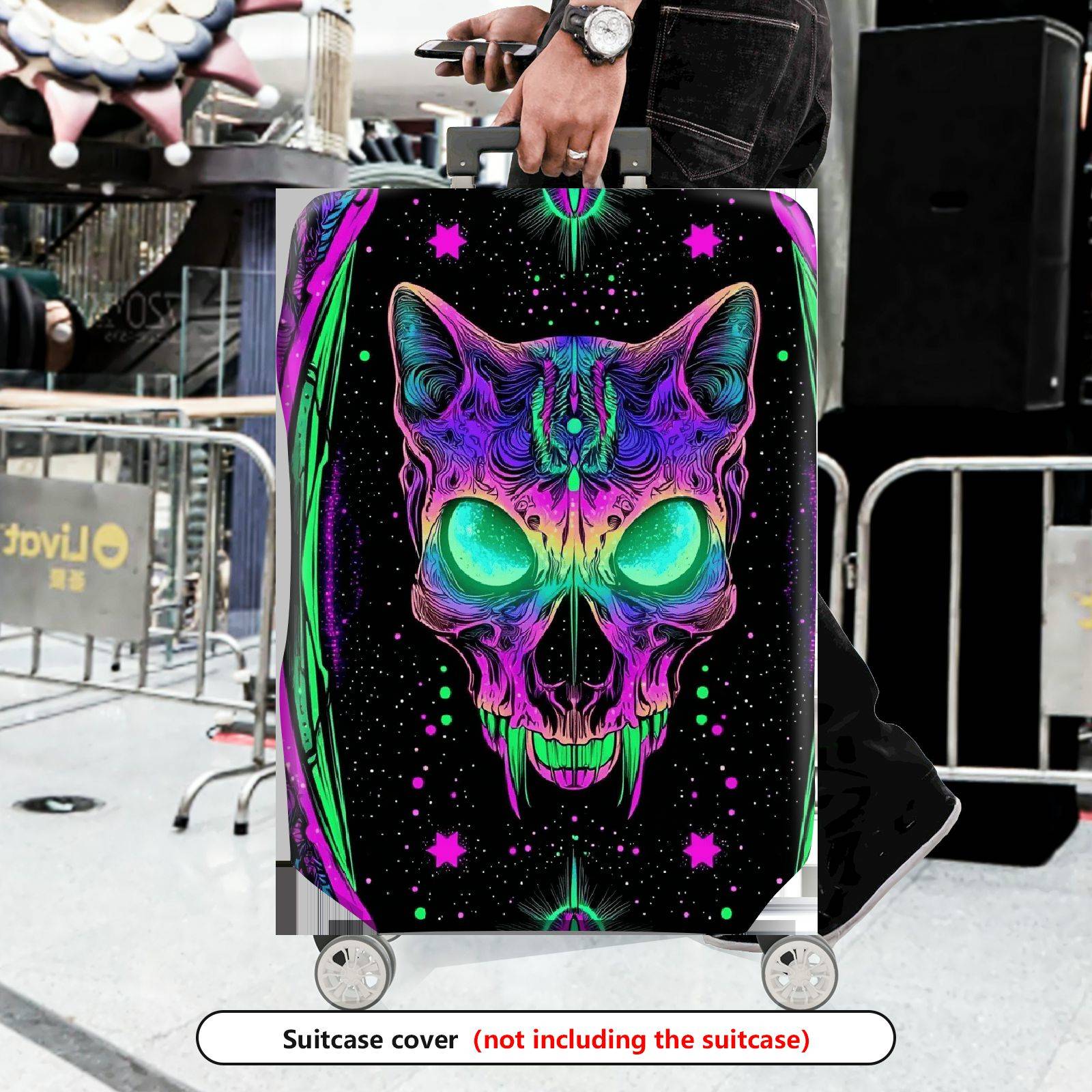 1-Piece Cat Skull Halloween Cosmic Psychedelic Unique  Suitcase Luggage Cover, Stretch Protective Sleeve