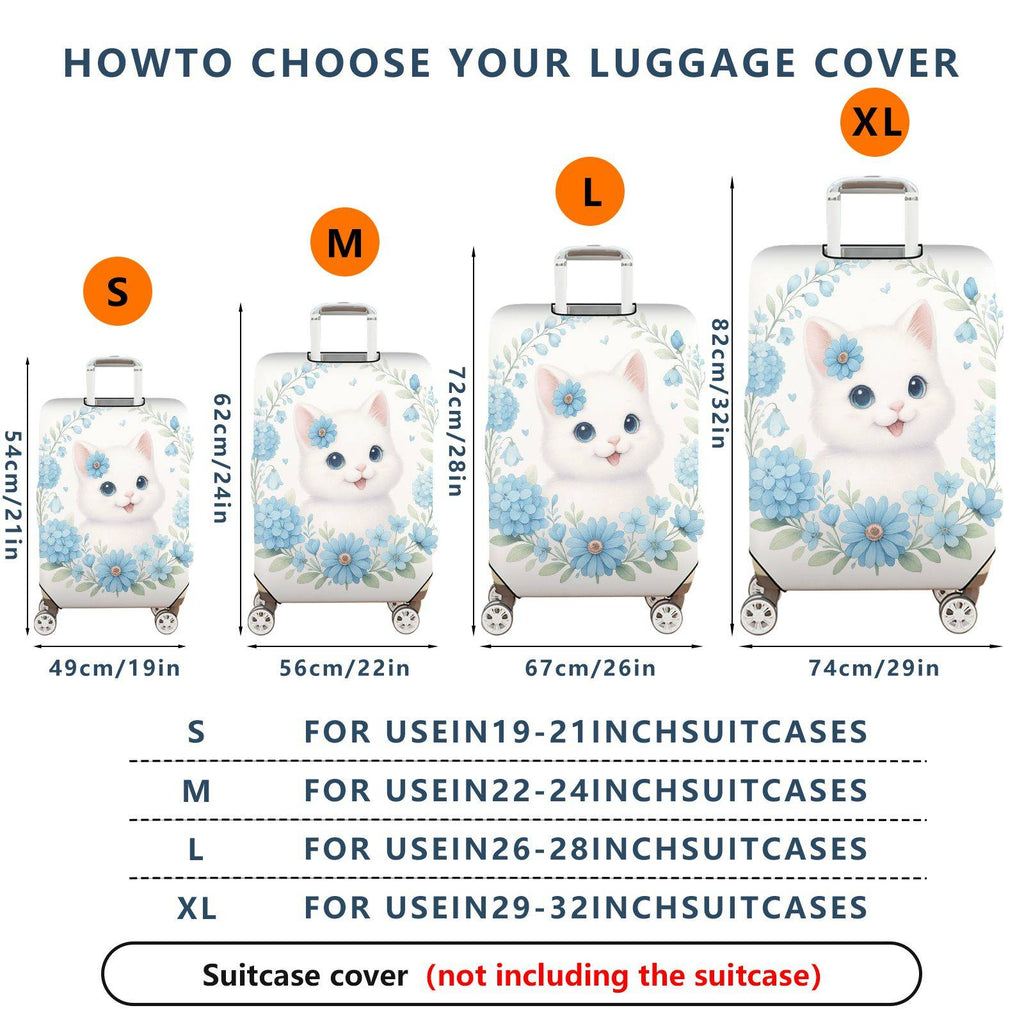 1-Piece Floral Cat Design Blooming Blue Daisy Leaves Nature  Suitcase Luggage Cover, Stretch Protective Sleeve
