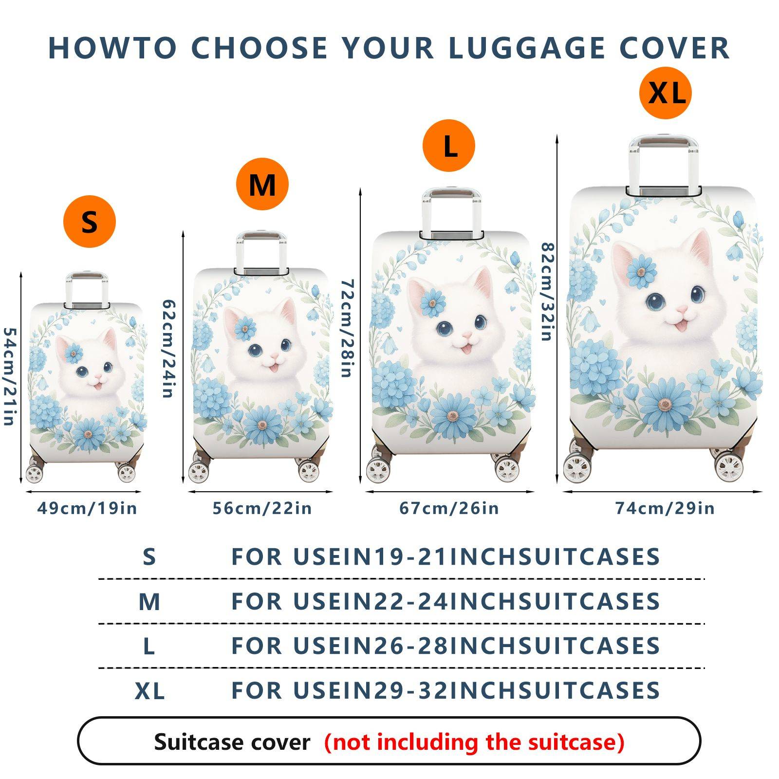 1-Piece Floral Cat Design Blooming Blue Daisy Leaves Nature  Suitcase Luggage Cover, Stretch Protective Sleeve