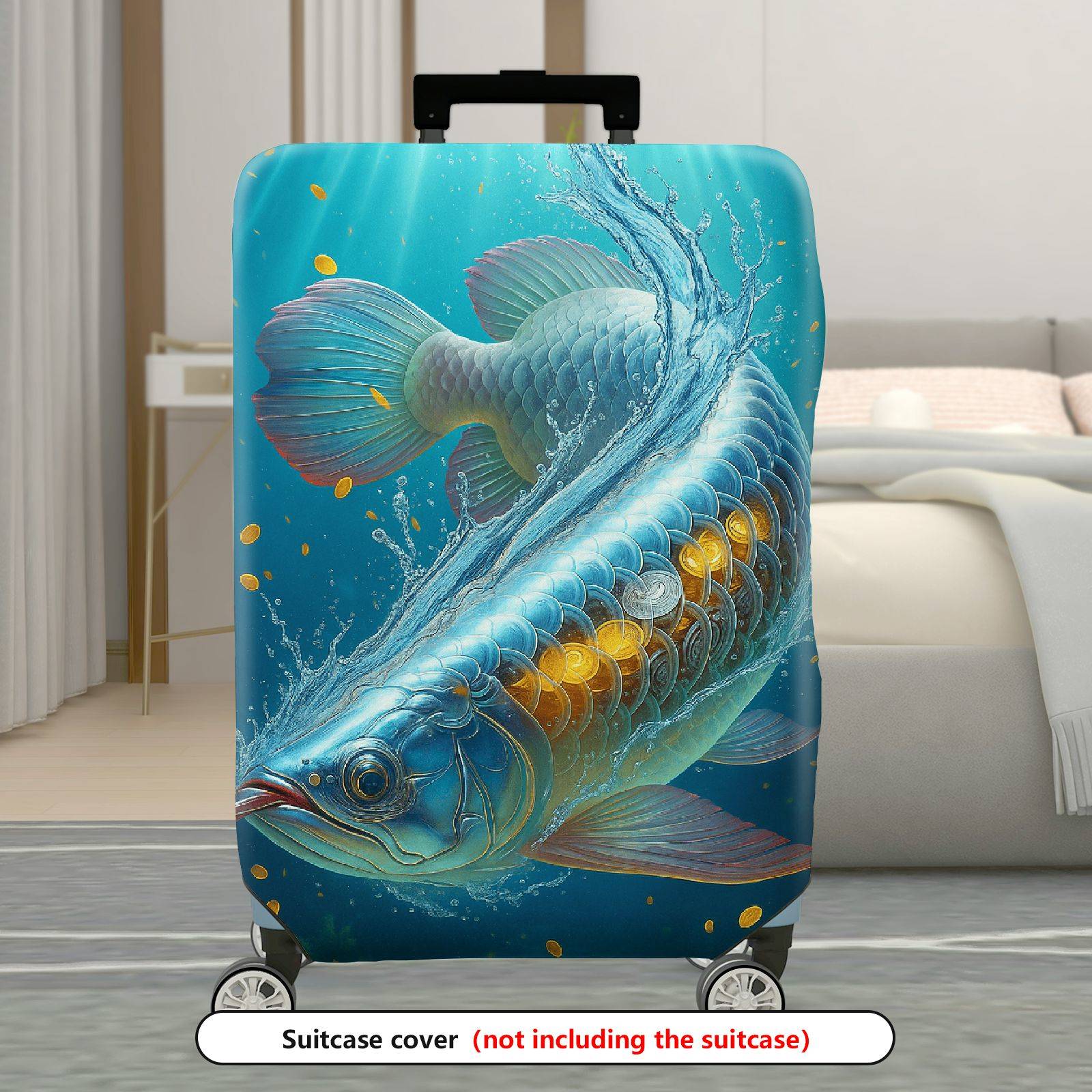 1-Piece Blue Fish Water Gold Ocean Artistic  Suitcase Luggage Cover, Stretch Protective Sleeve