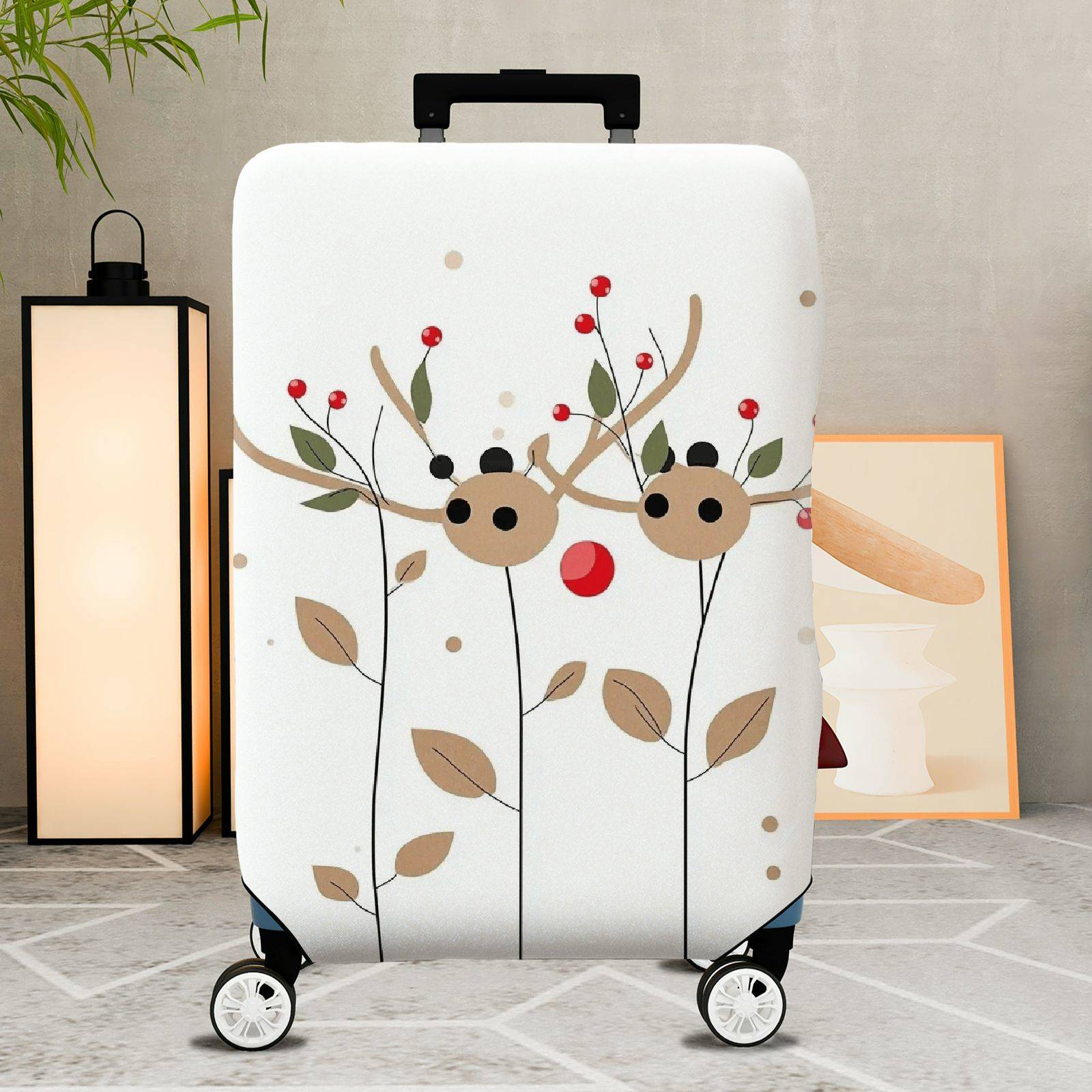 1-Piece Reindeer Leaf Berry Antler Holiday  Suitcase Luggage Cover, Stretch Protective Sleeve