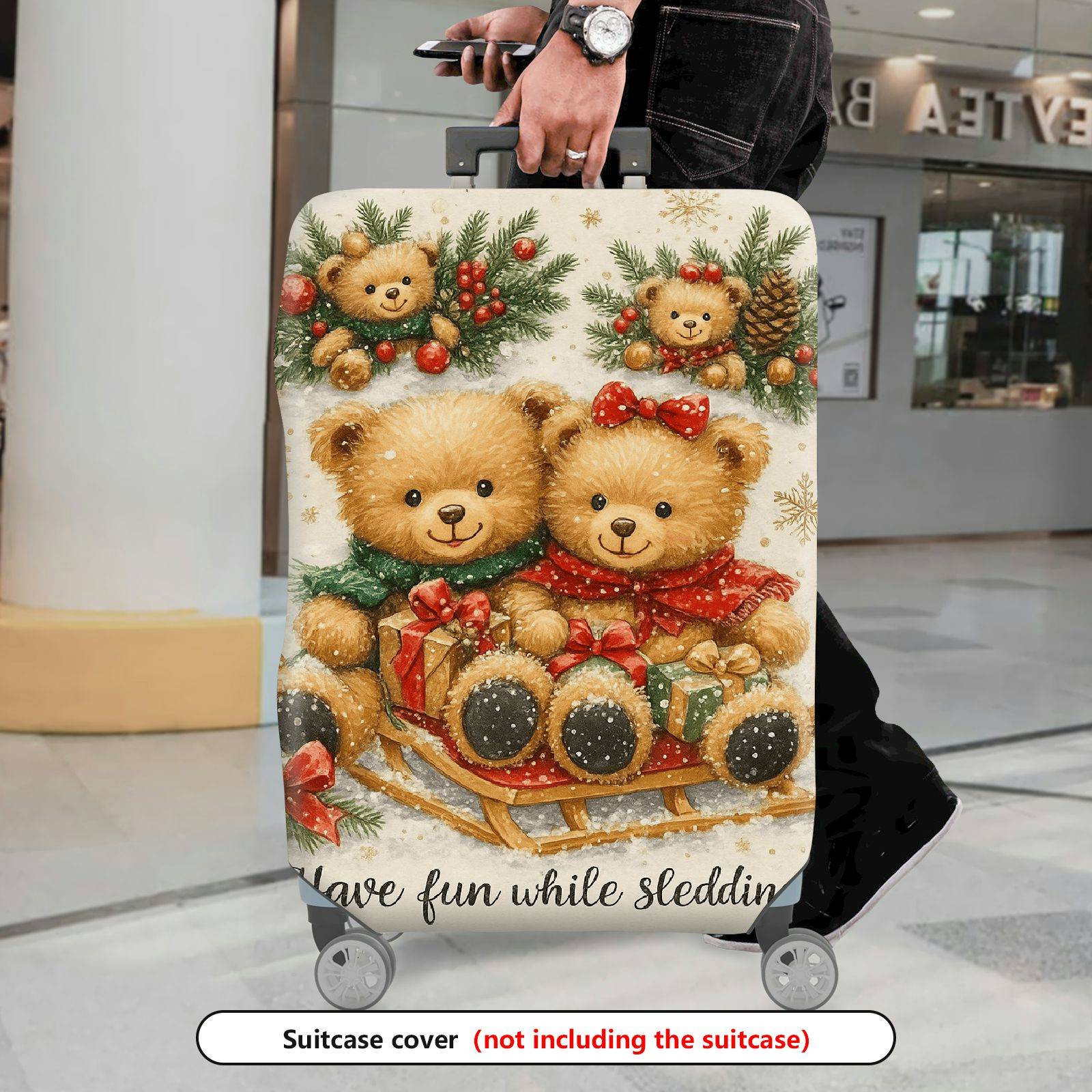 1-Piece Christmas Teddy Bear Snow Winter Holiday  Suitcase Luggage Cover, Stretch Protective Sleeve