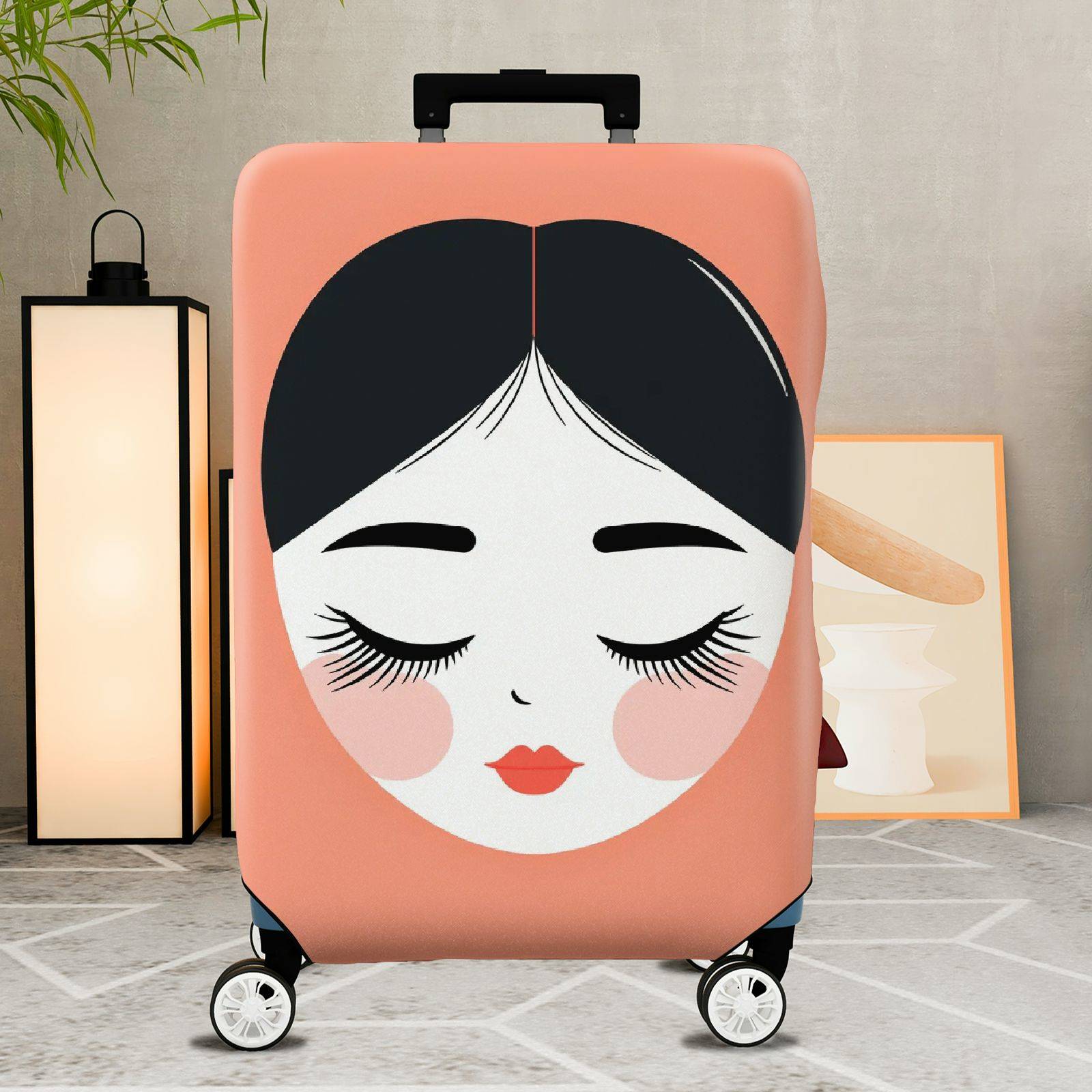 1-Piece Artistic Feminine Face Illustration Coral Black White  Suitcase Luggage Cover, Stretch Protective Sleeve