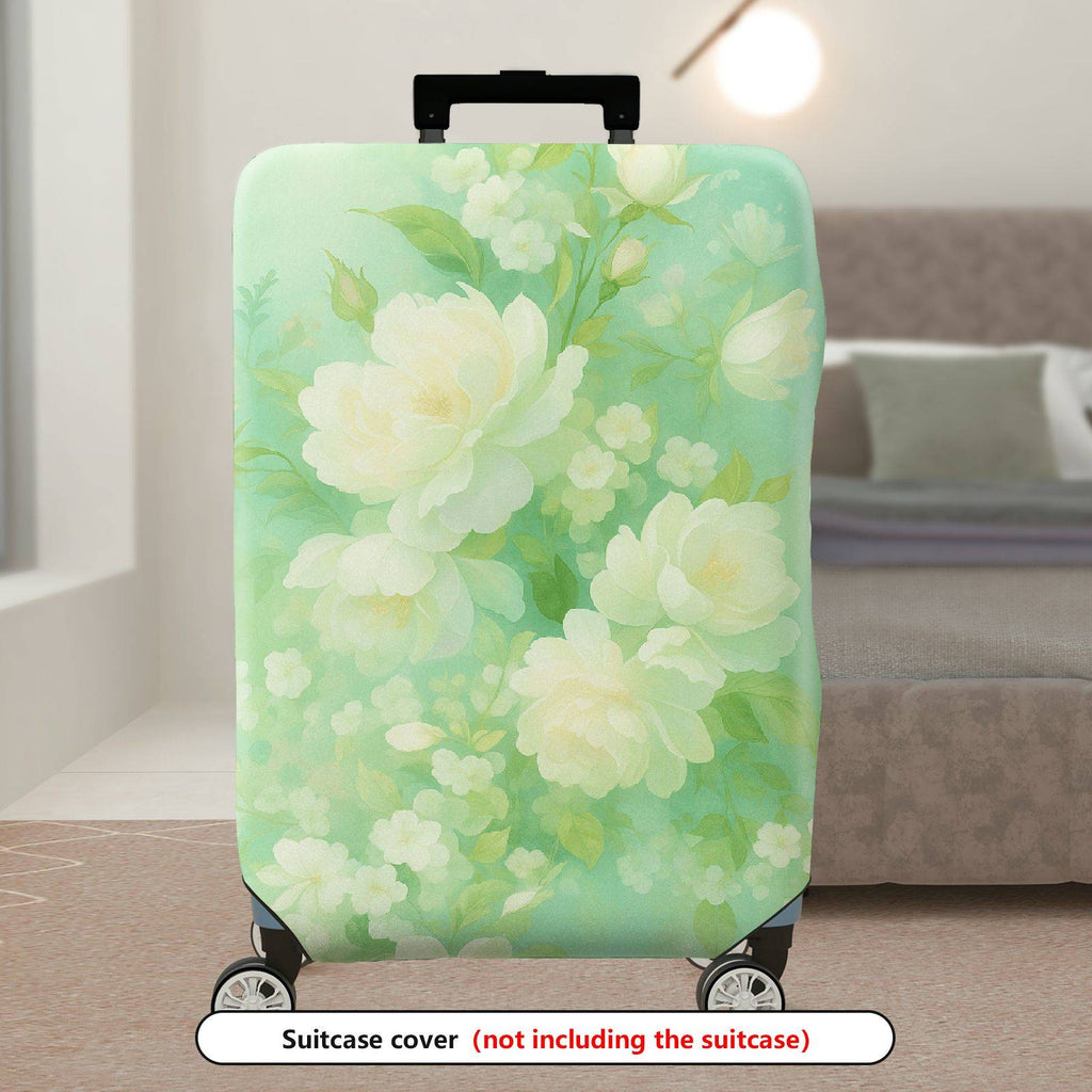 1-Piece Green Floral Pattern White Rose Vintage Style Elegant Travel  Suitcase Luggage Cover, Stretch Protective Sleeve