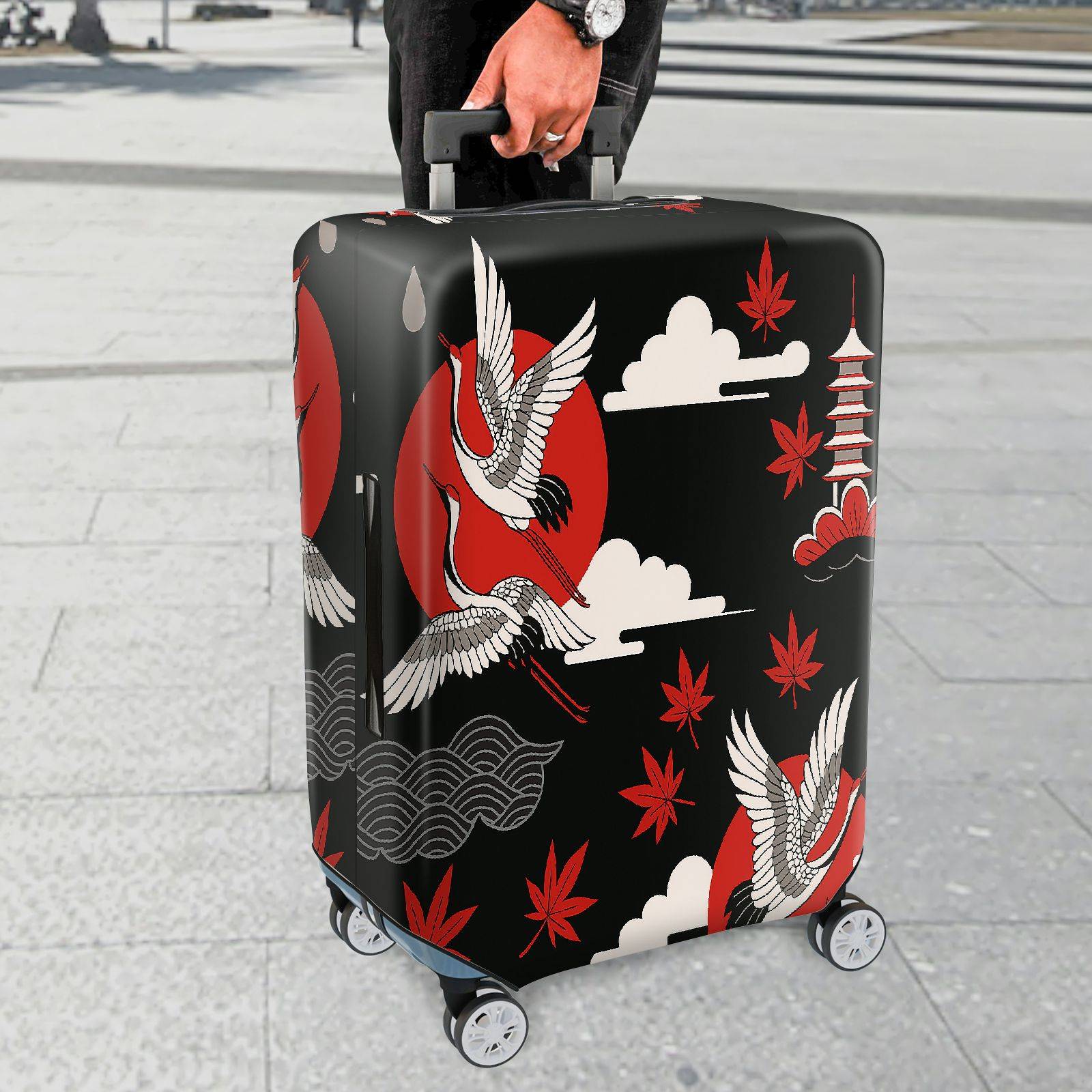 1-Piece Crane Red Sun Cloud Maple Leaves Wave  Suitcase Luggage Cover, Stretch Protective Sleeve