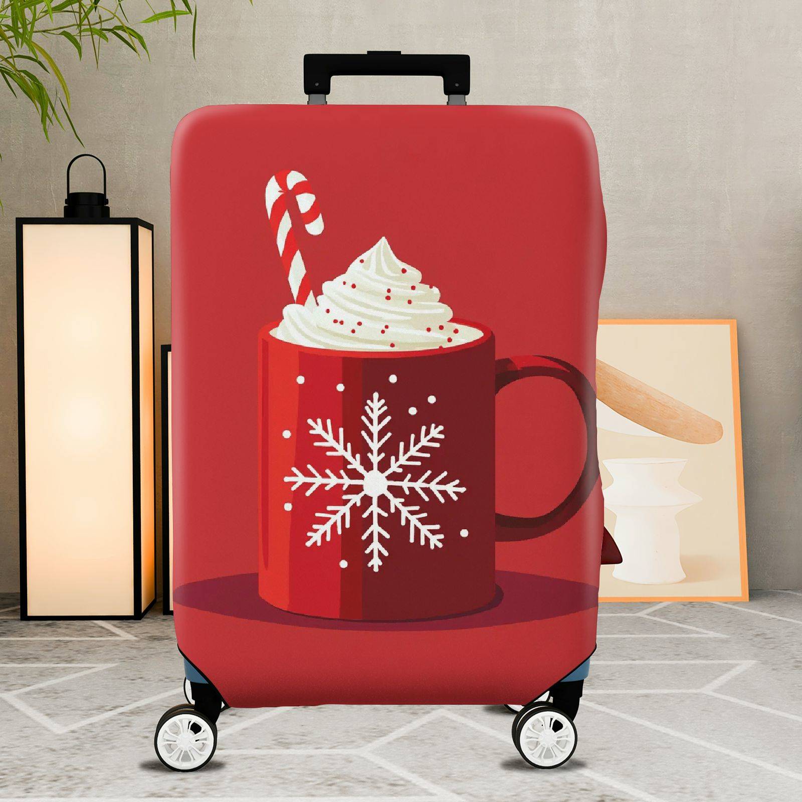 1-Piece Red Snowflake Candy Cane Hot Chocolate Holiday  Suitcase Luggage Cover, Stretch Protective Sleeve