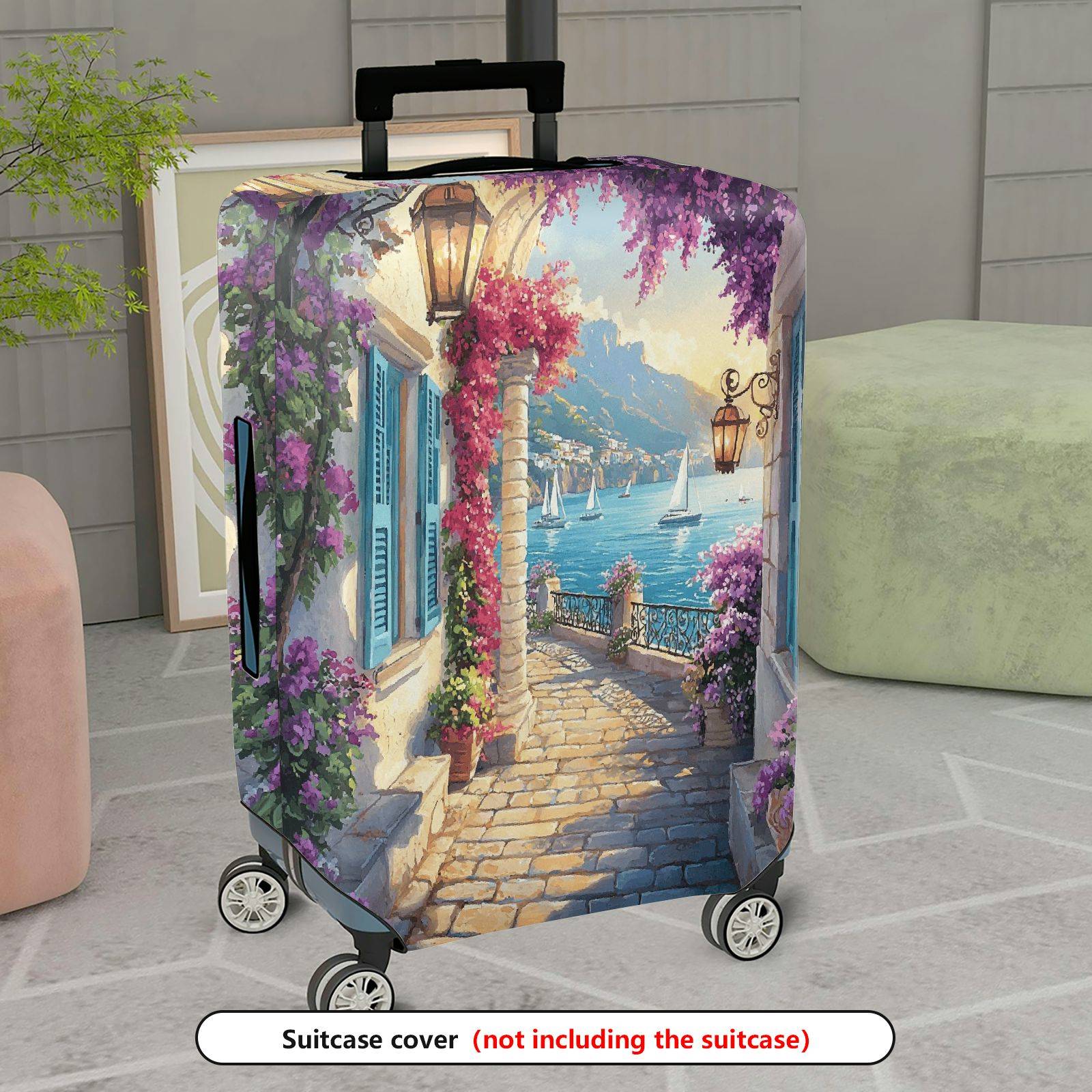 1-Piece Mediterranean Coastal Floral Landscape Sailboats Lantern  Suitcase Luggage Cover, Stretch Protective Sleeve