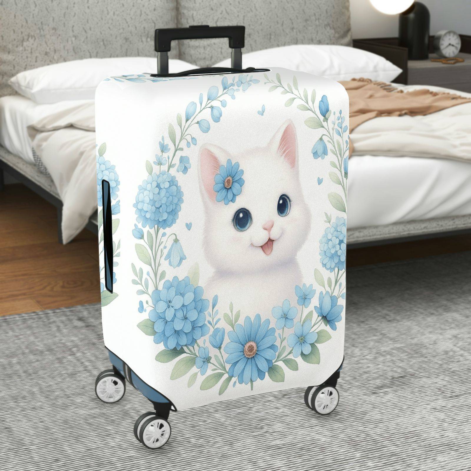1-Piece Floral Cat Design Blooming Blue Daisy Leaves Nature  Suitcase Luggage Cover, Stretch Protective Sleeve