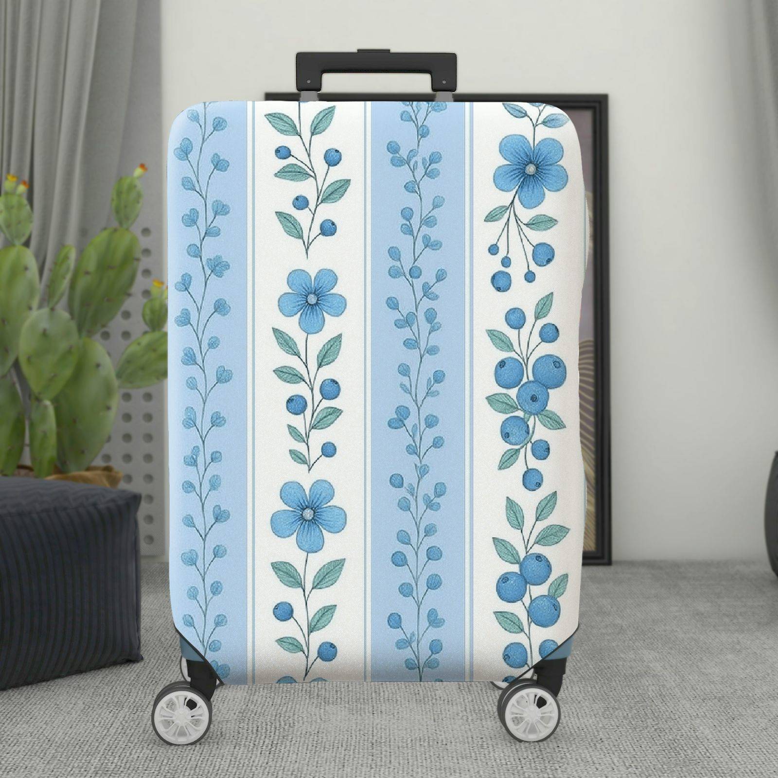 1-Piece Blue Floral Pattern Vertical Line Berry Leaf  Suitcase Luggage Cover, Stretch Protective Sleeve