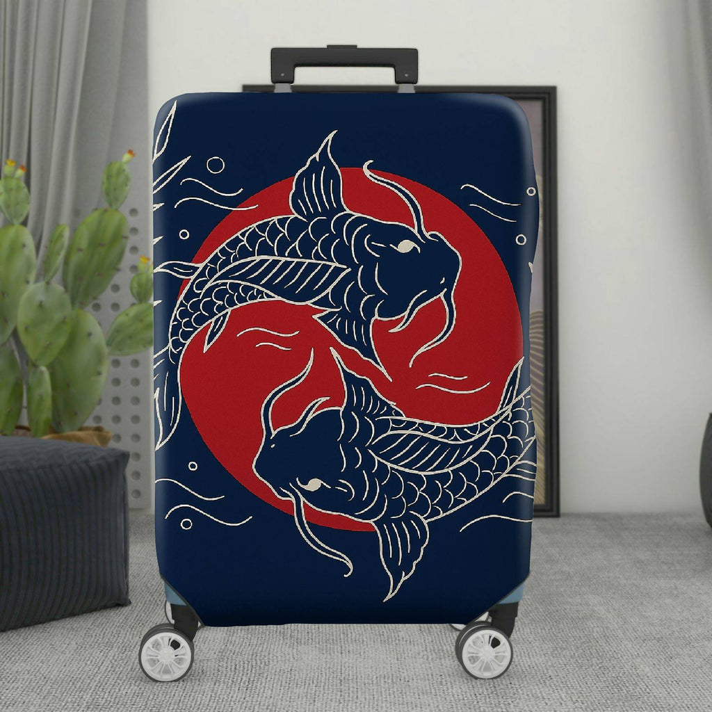 1-Piece Fish Red Blue Japanese Art Minimalistic Leaf  Suitcase Luggage Cover, Stretch Protective Sleeve