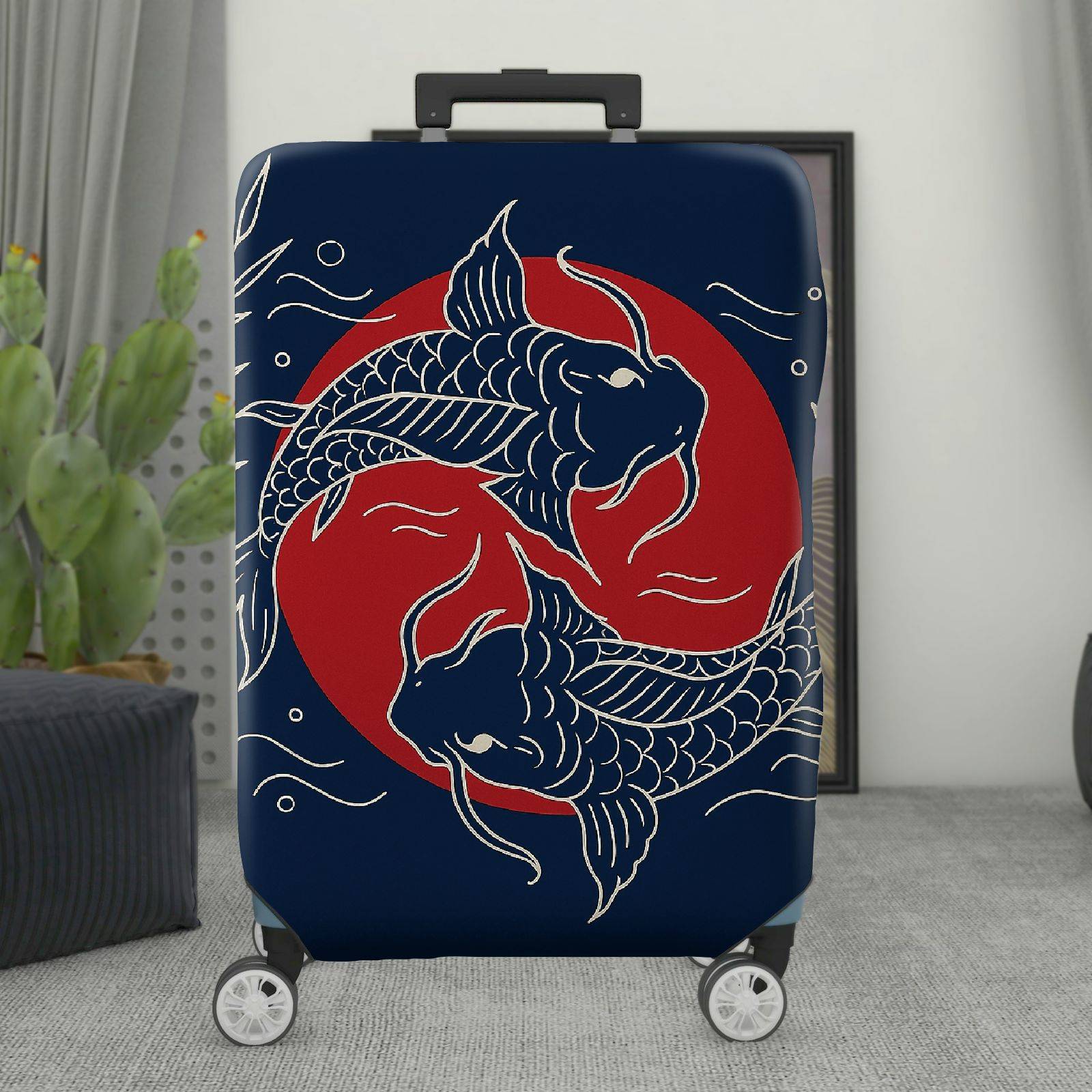 1-Piece Fish Red Blue Japanese Art Minimalistic Leaf  Suitcase Luggage Cover, Stretch Protective Sleeve