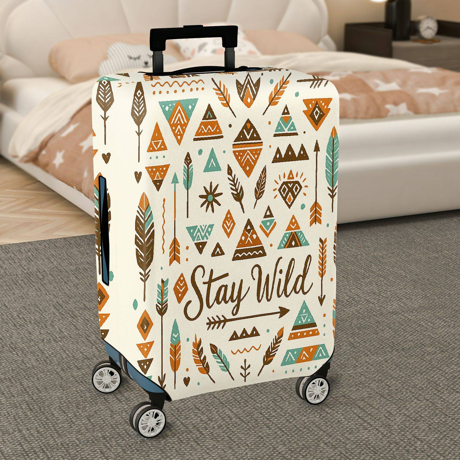 1-Piece Geometric Tribal Feather Arrows Bohemian Adventure  Suitcase Luggage Cover, Stretch Protective Sleeve