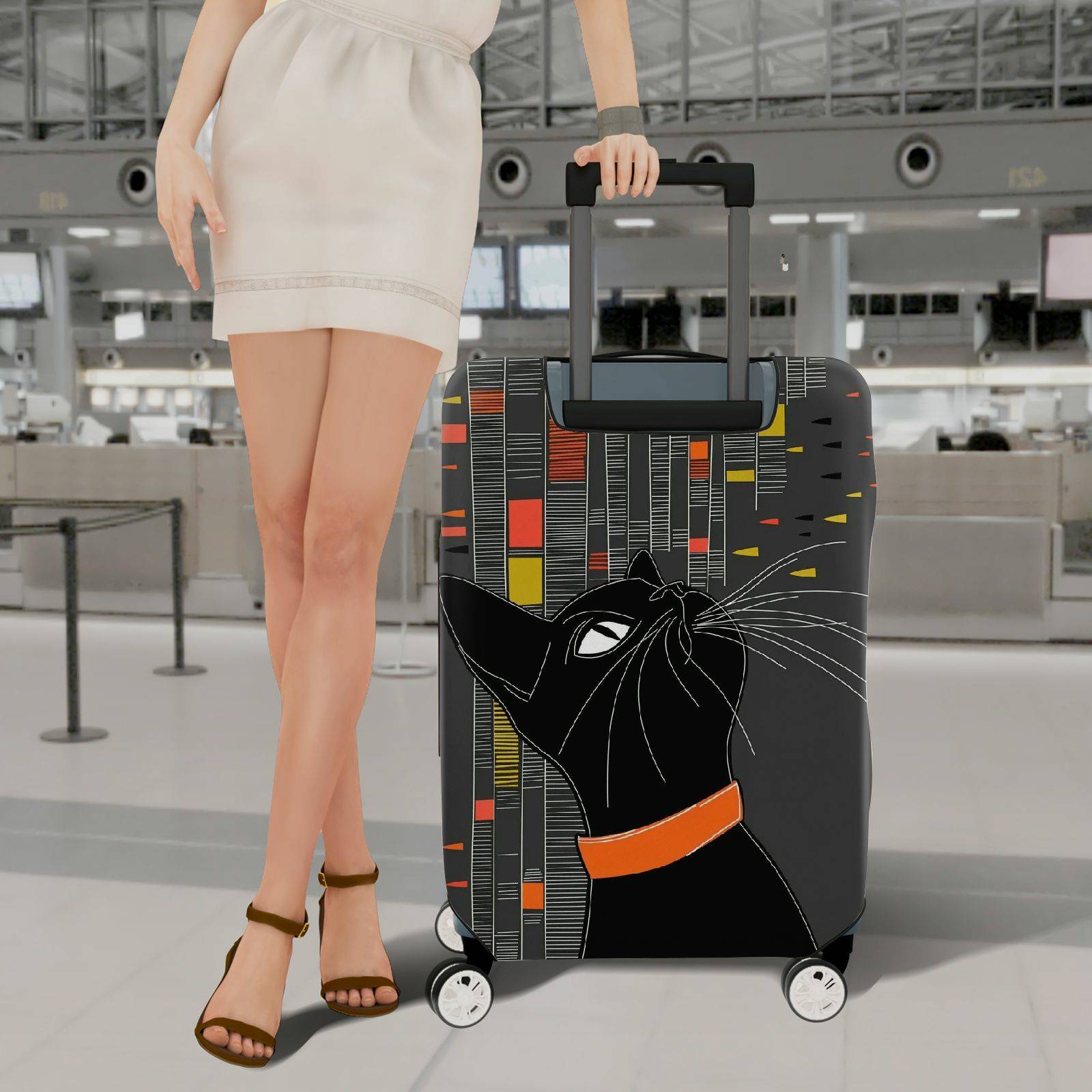 1-Piece Cat Modern Geometric Artistic Colorful  Suitcase Luggage Cover, Stretch Protective Sleeve