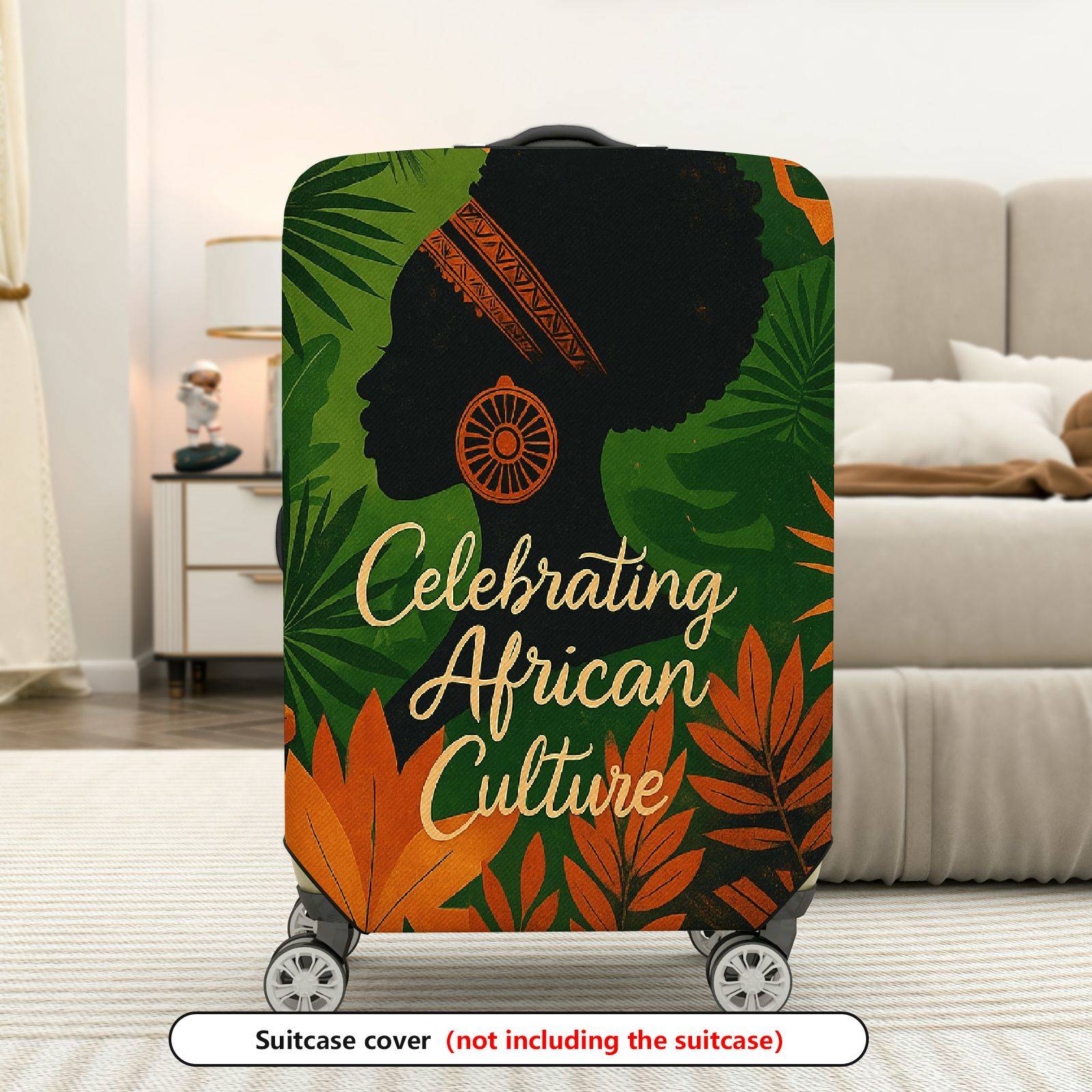1-Piece African Culture Green Orange Black Silhouette Leaves  Suitcase Luggage Cover, Stretch Protective Sleeve