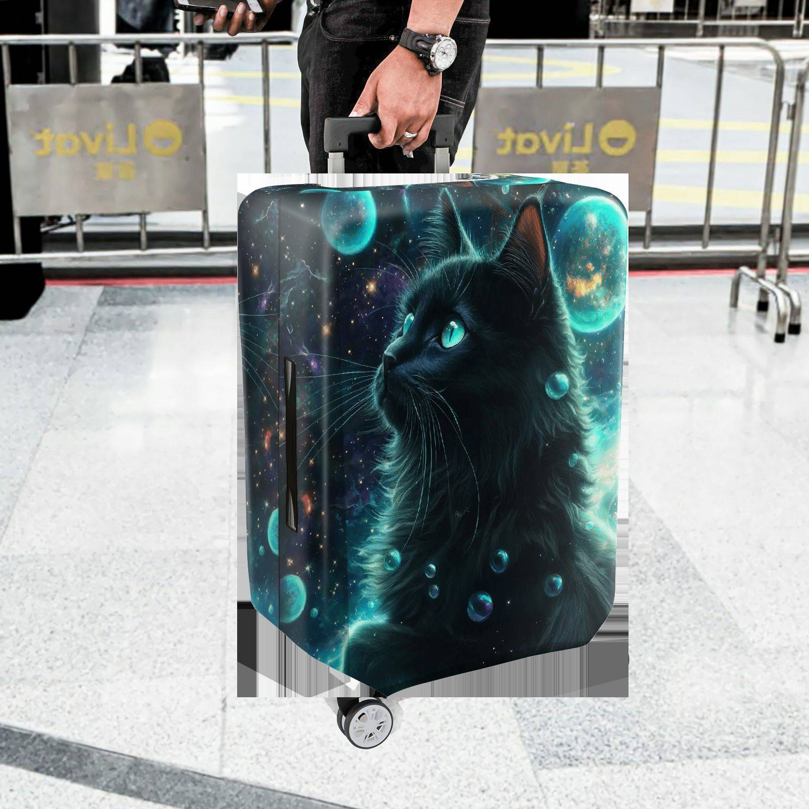 1-Piece Cosmic Feline Galaxy Starry Night Black  Suitcase Luggage Cover, Stretch Protective Sleeve