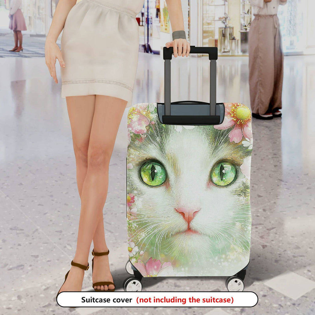 1-Piece Cat Floral Green Pink Artistic Colorful  Suitcase Luggage Cover, Stretch Protective Sleeve