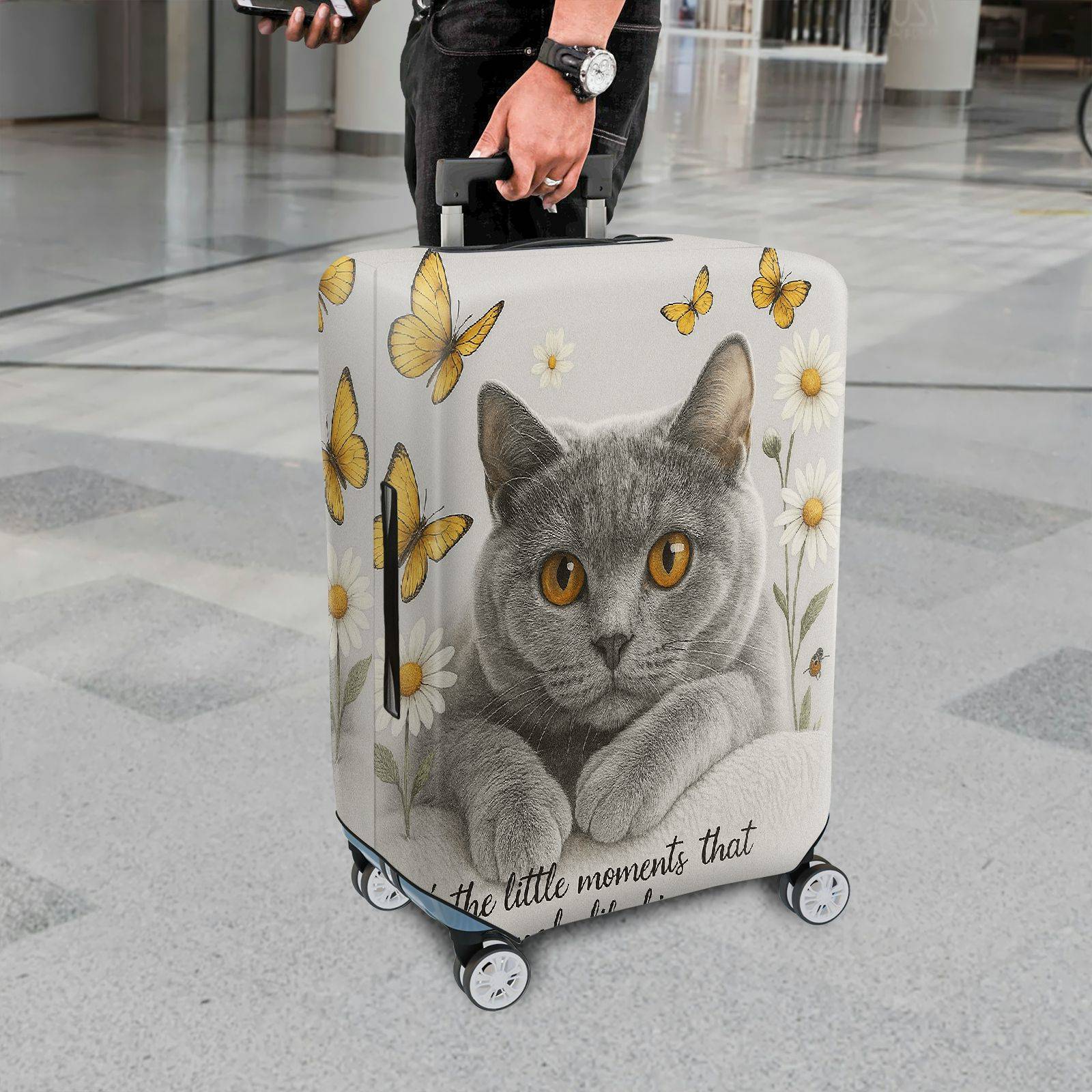 1-Piece Cat Butterfly Flower Words Artistic  Suitcase Luggage Cover, Stretch Protective Sleeve