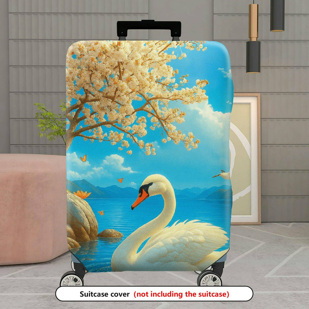 1-Piece Swan Scenic Floral Nature Blue Artistic  Suitcase Luggage Cover, Stretch Protective Sleeve