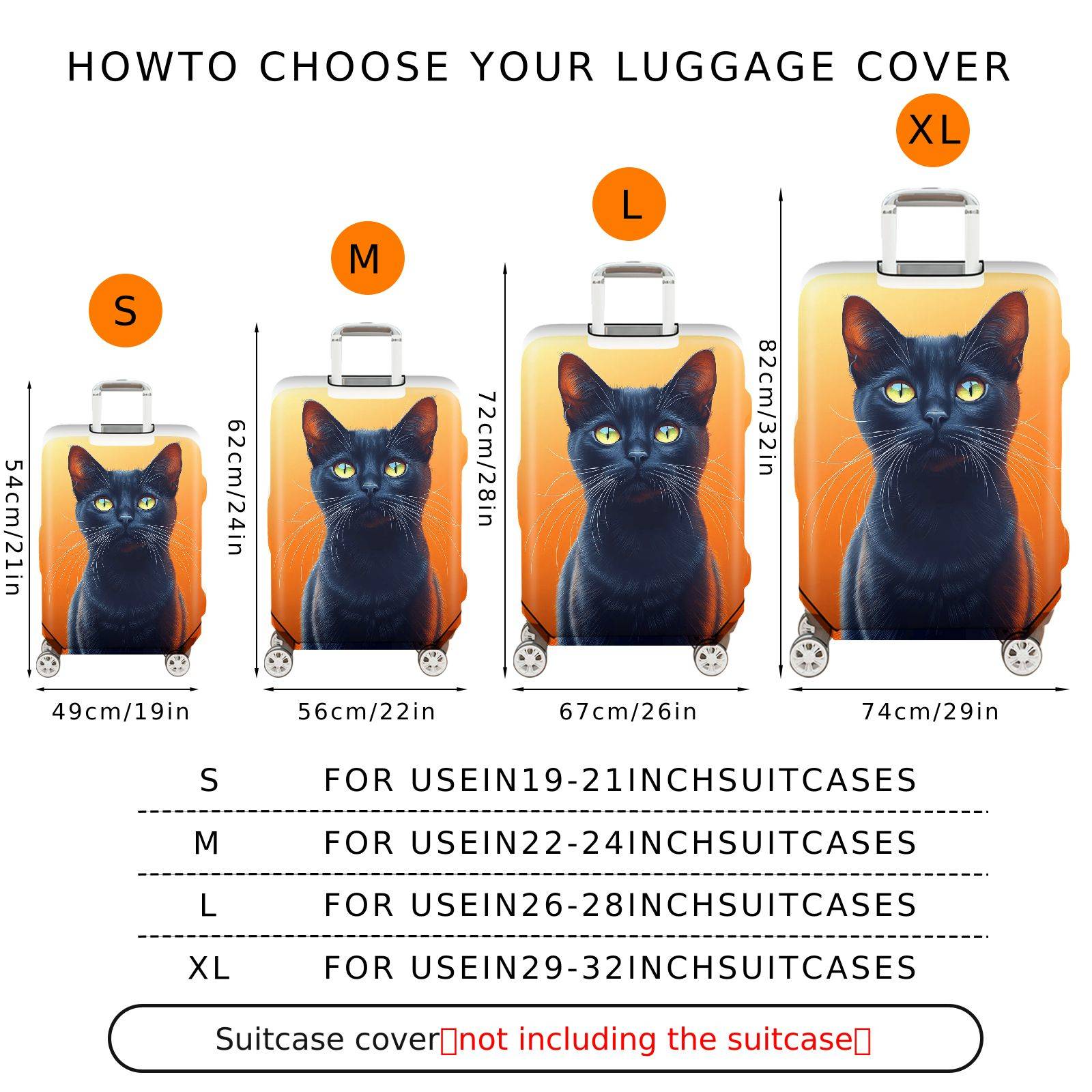 1-Piece Black Cat Orange Artistic Stylish Unique Eye-Catching  Suitcase Luggage Cover, Stretch Protective Sleeve