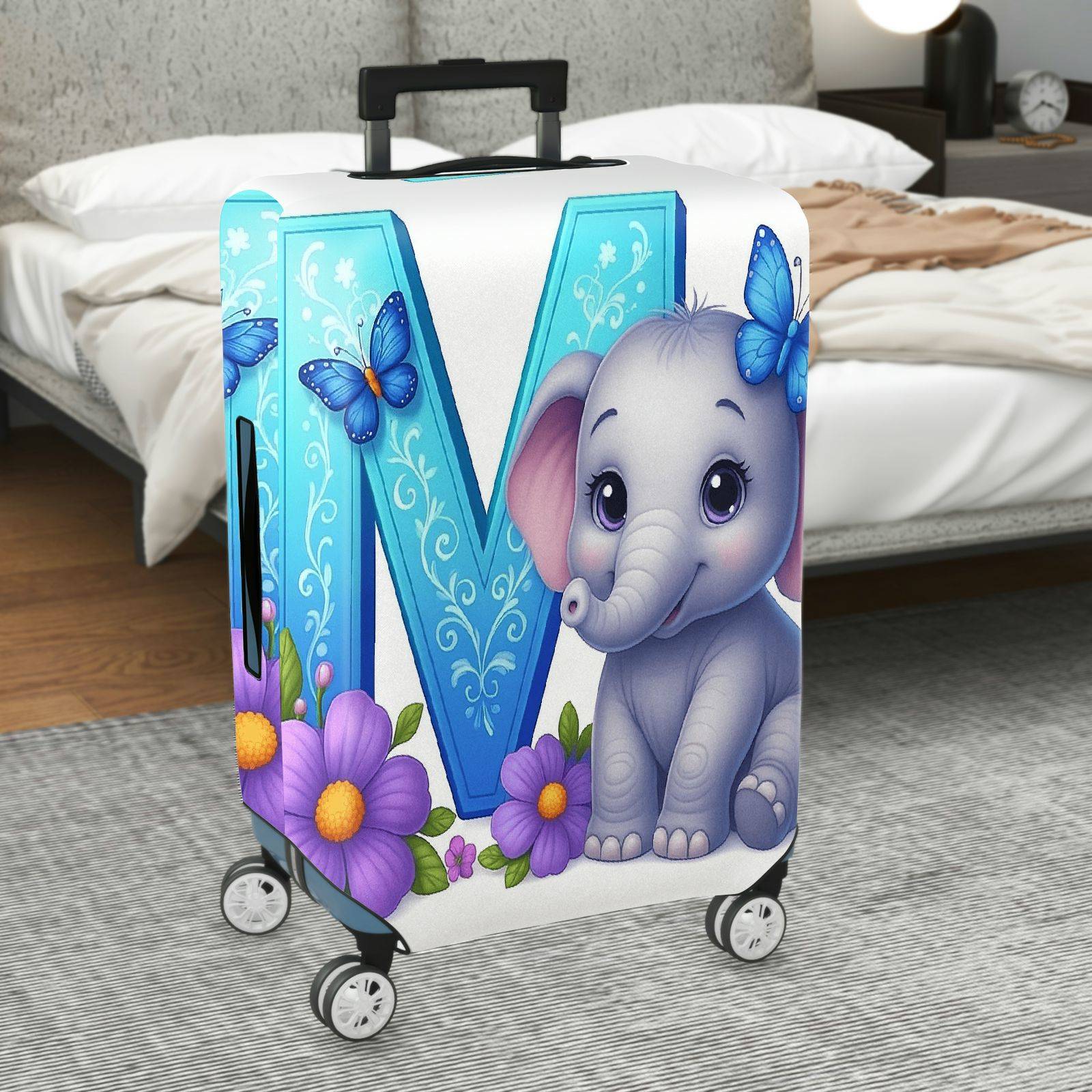1-Piece Butterfly Floral Elephant Monogram Vibrant Letter  Suitcase Luggage Cover, Stretch Protective Sleeve